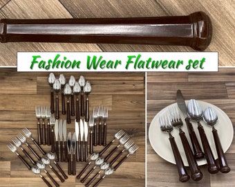 Vintage Flatware set Oxford Hall Fashion Wear Brown Plastic Handles, Rustic Cabin, Outdoor Entertaining Camping Glamping