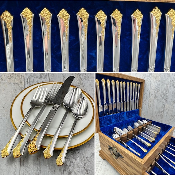 Oneida Golden Damask Rose Heirloom Cube Stainless flatware, service for 12, Silverware Chest, gift for her