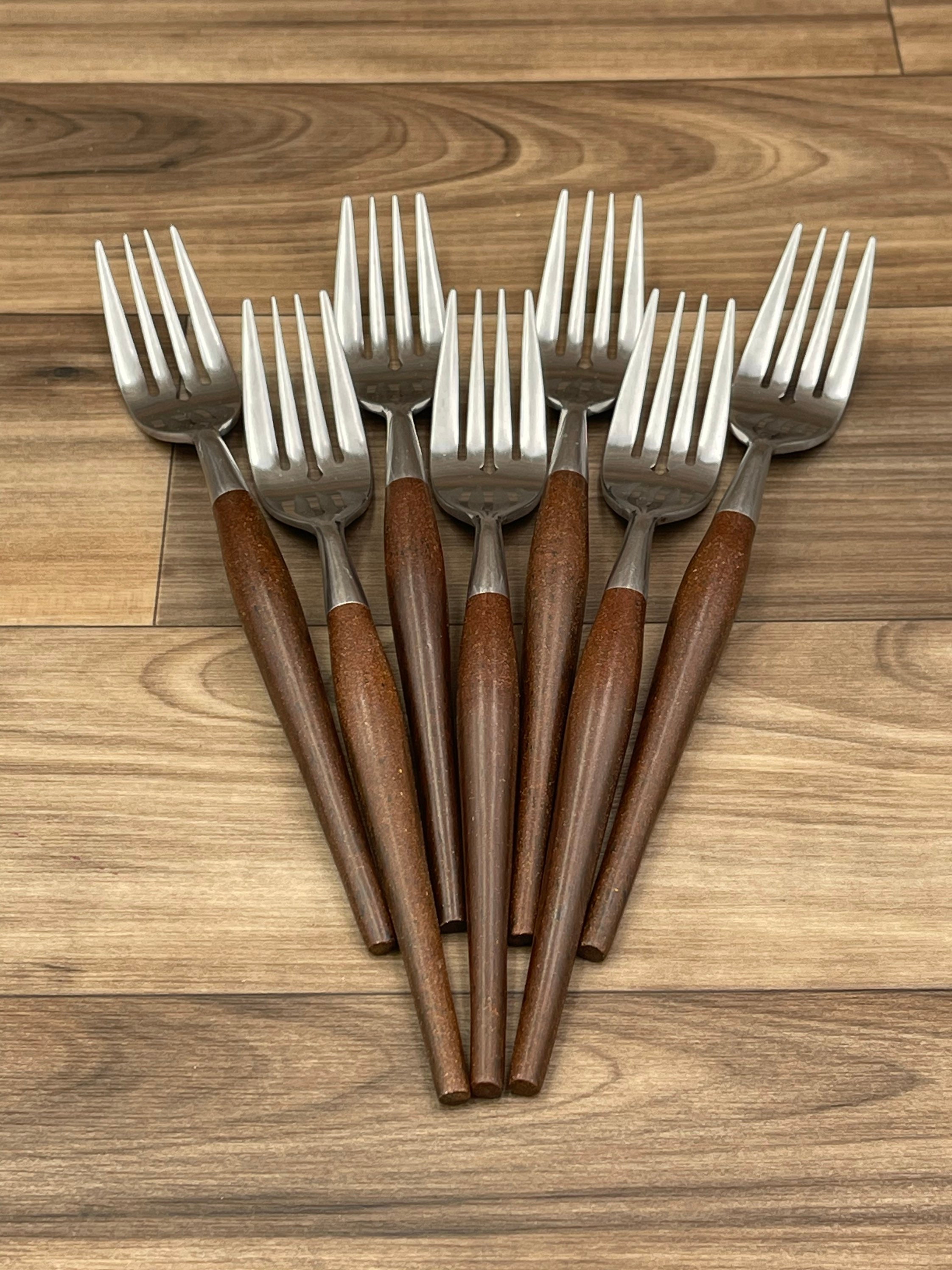 Danish Modern flatware Set, Wood style handle, Retro Silverware, Rustic