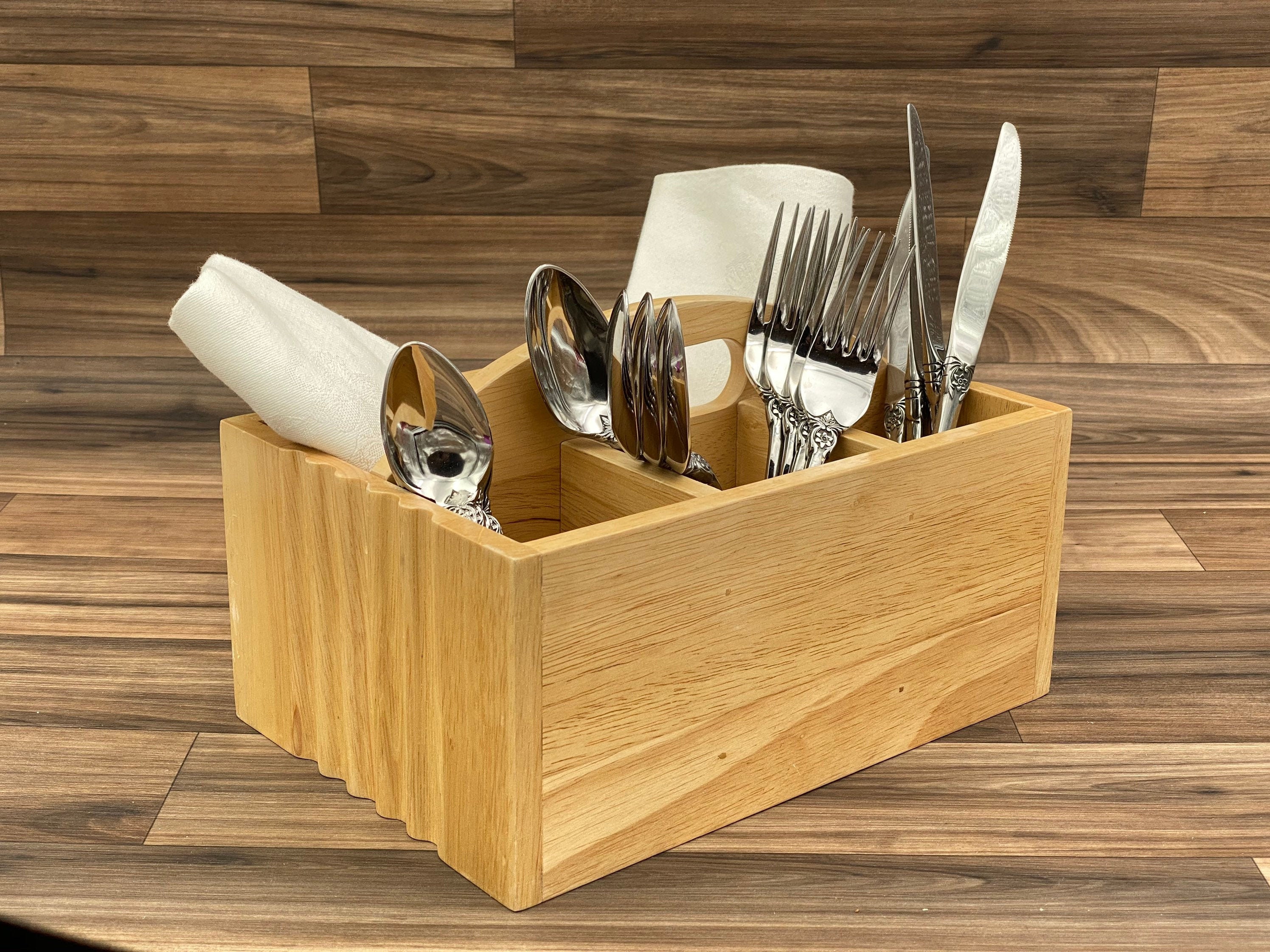 Vintage Flatware caddy, Wood silverware holder, Utensil carrying bin