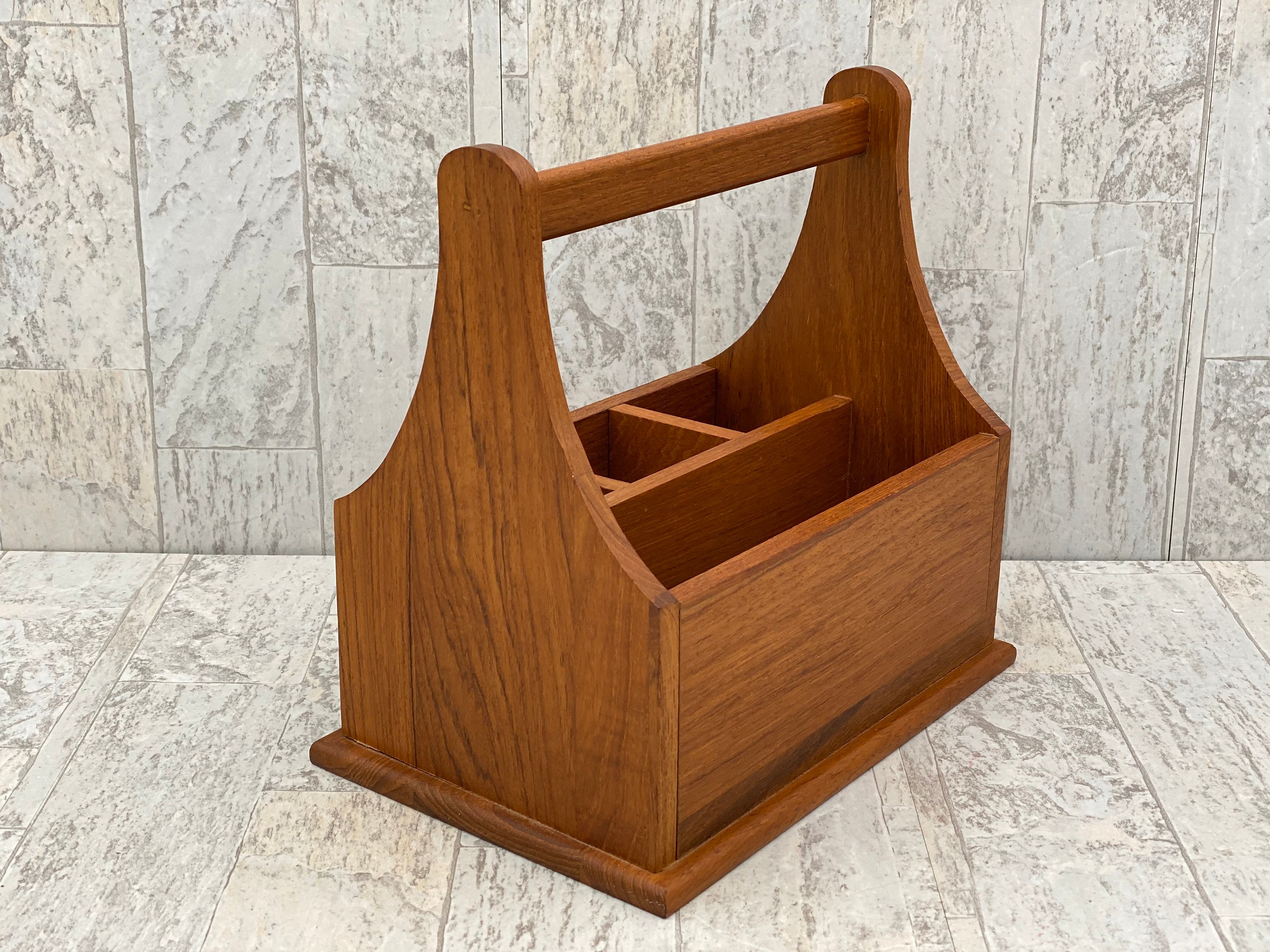 Vintage Flatware caddy, Teakwood silverware holder, Utensil carrying