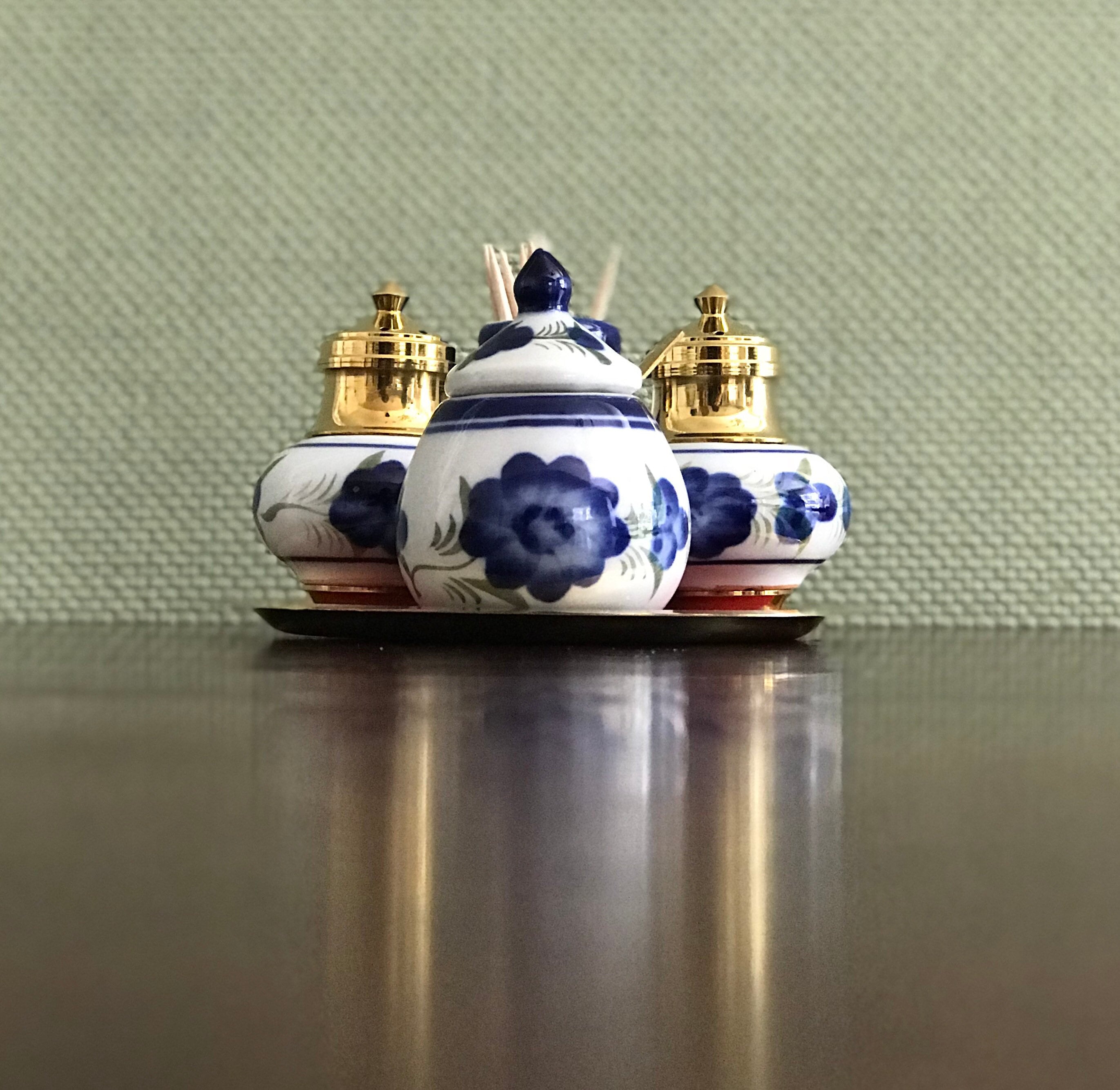 Mini Condiment set, Vintage Blue and White China Condiment set, Handpainted collectible salt and