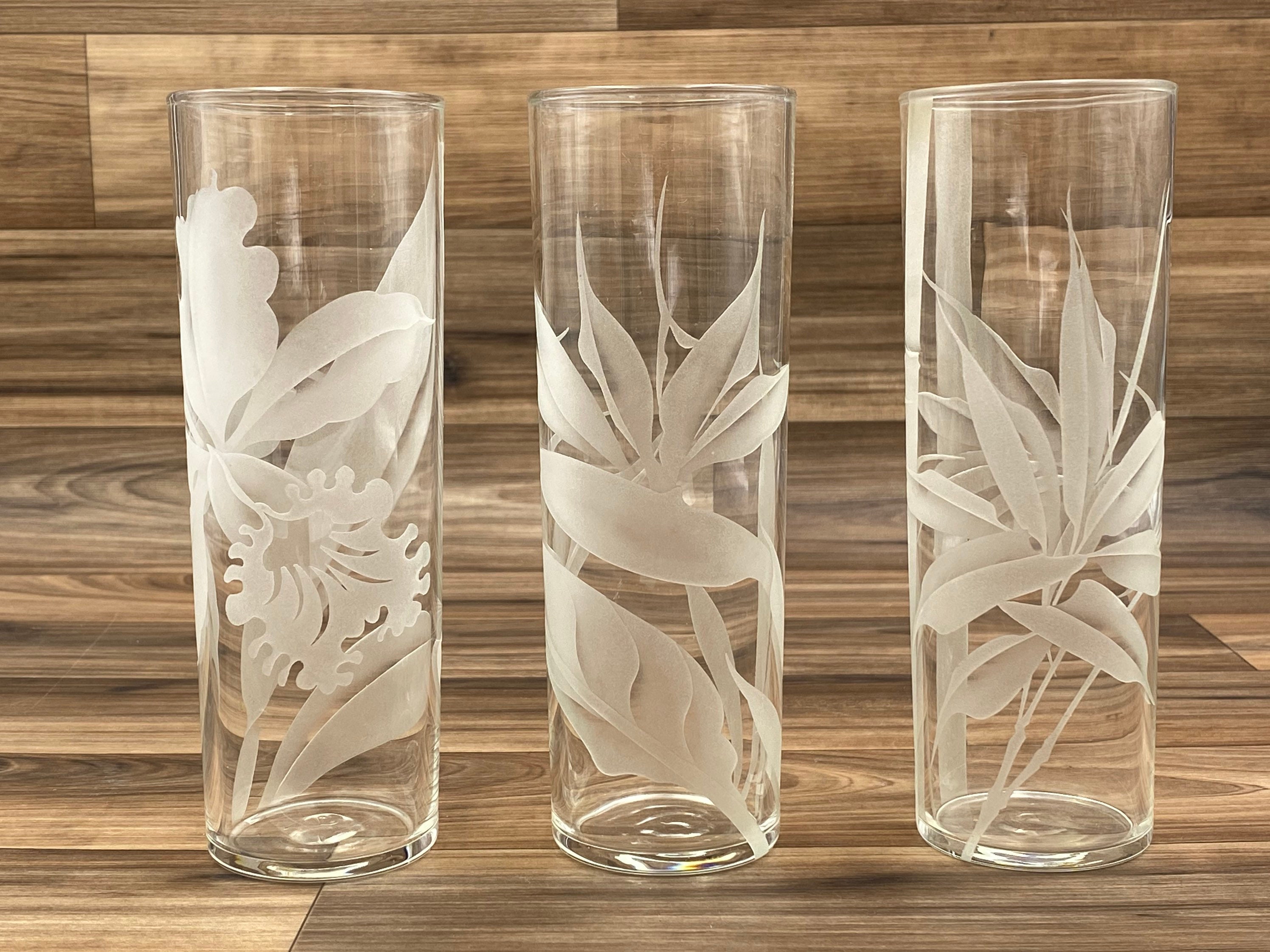 Mid Century Libbey Etched Tropical floral glasses, Rare drink ware