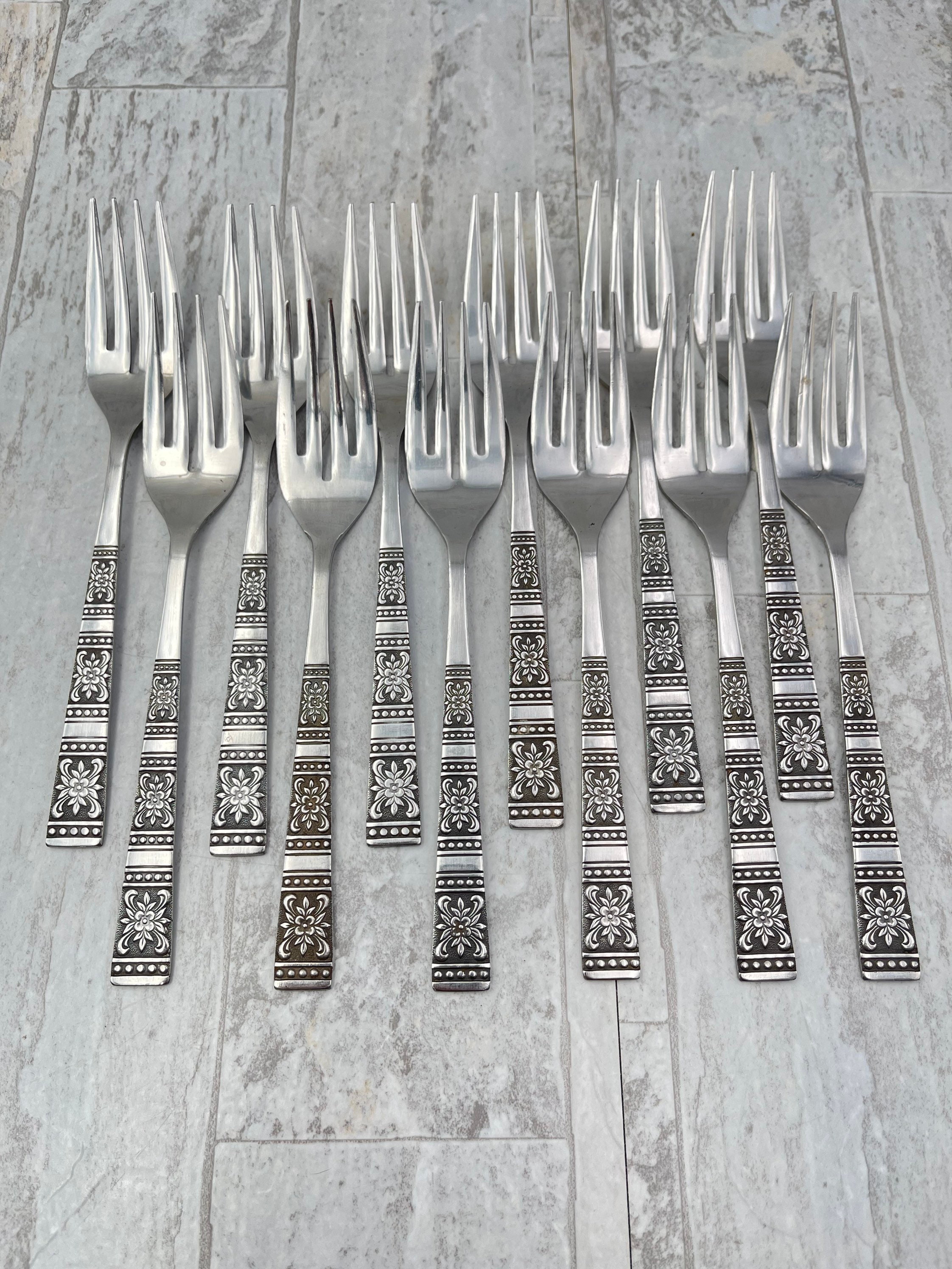 Vintage Flatware Set, MCM Floral Stainless Silverware Tremont