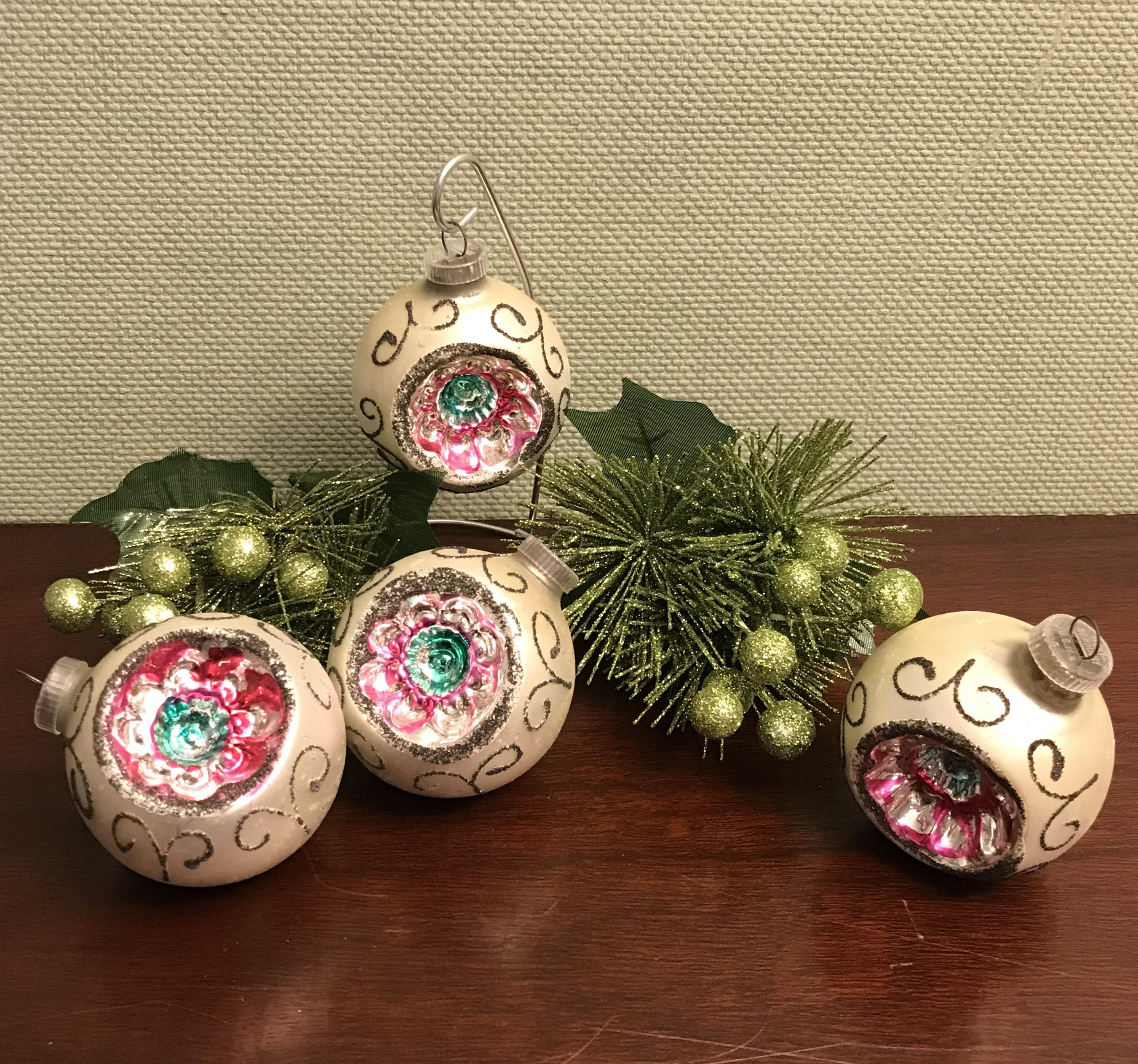 Vintage Christmas Ornaments, Silver Mica ornaments, Mid Century