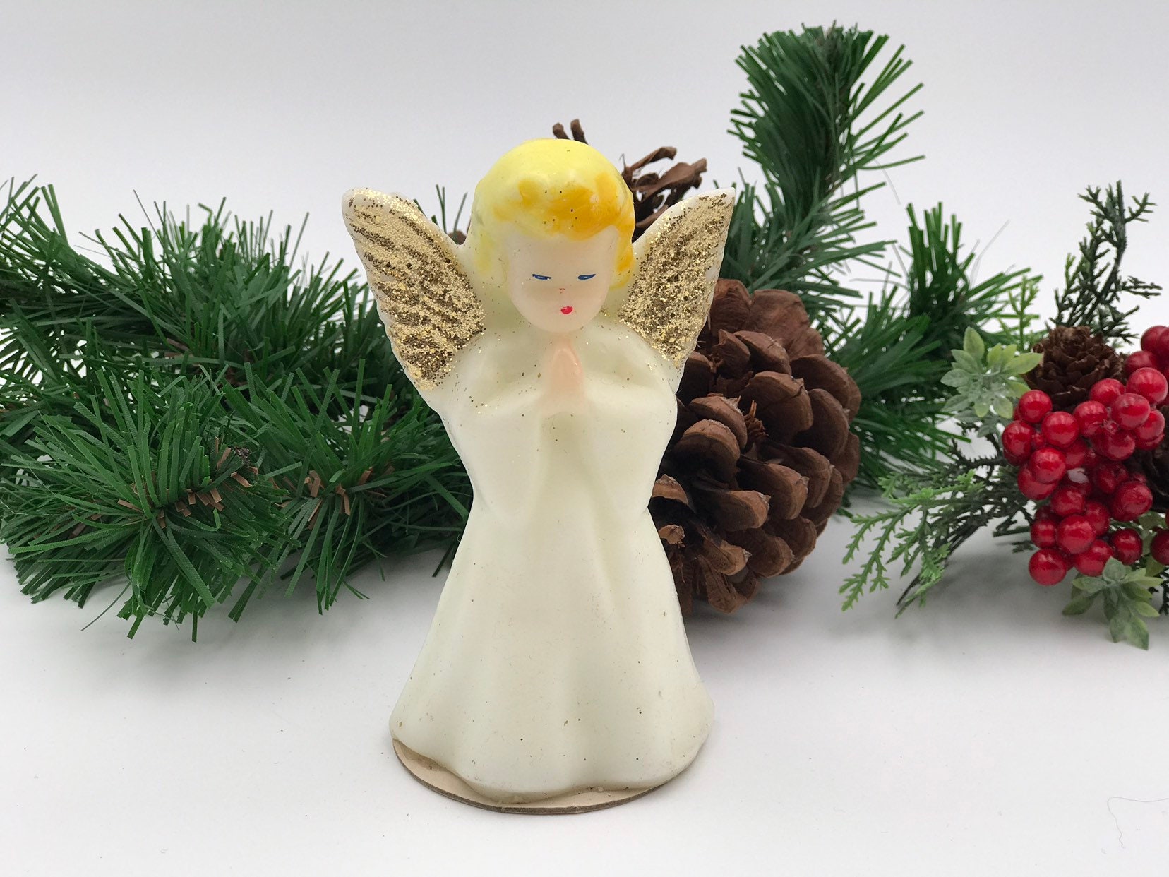 Vintage Angel Figurine Candle by Gurley, White and Gold Christmas Angel