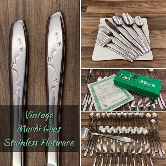 Vintage Mardi Gras Stainless Flatware set, Service for 8 Silverware set, Excellent Condition in original box