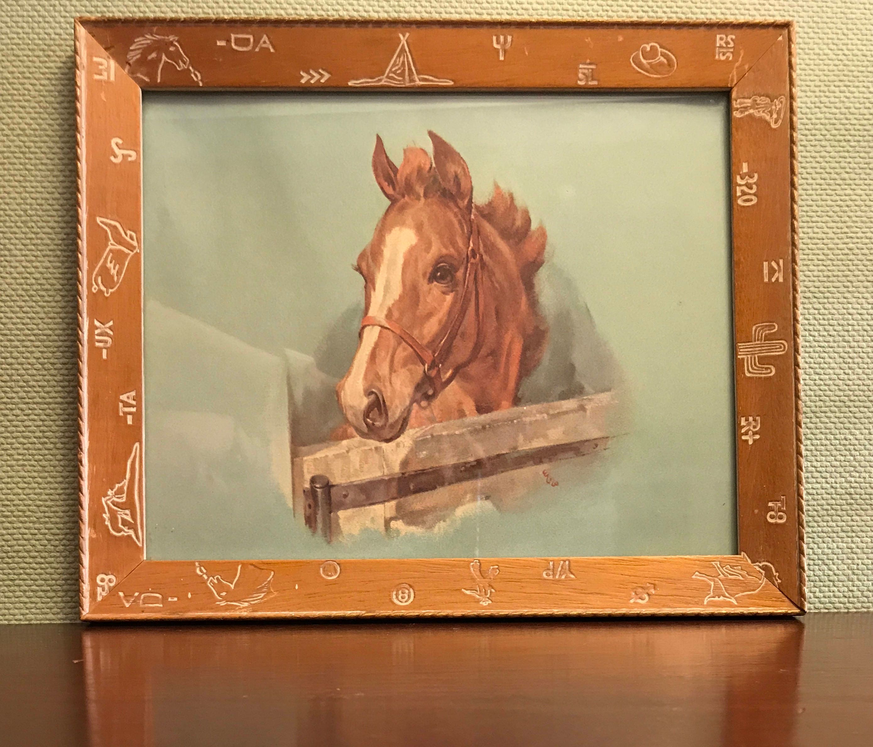 Vintage Horse Print signed by artist, wood frame with western theme