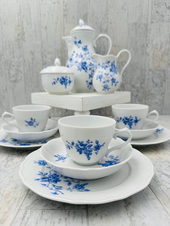 Vintage Blue and White floral Coffee set, Made in Bavaria Tirschenreuth