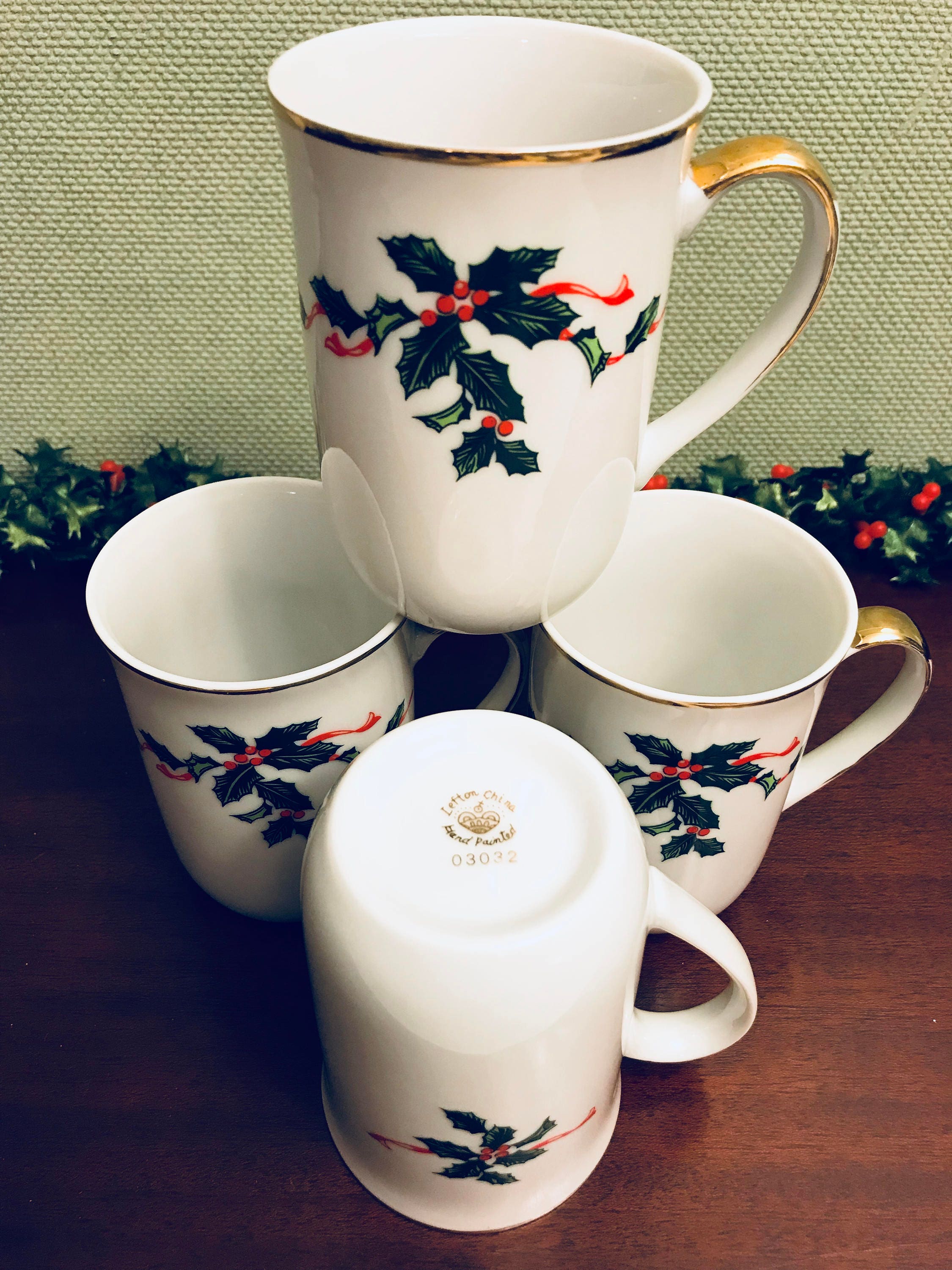  Vintage  Holly Mugs  Holiday Lefton China Mugs  set of 4 