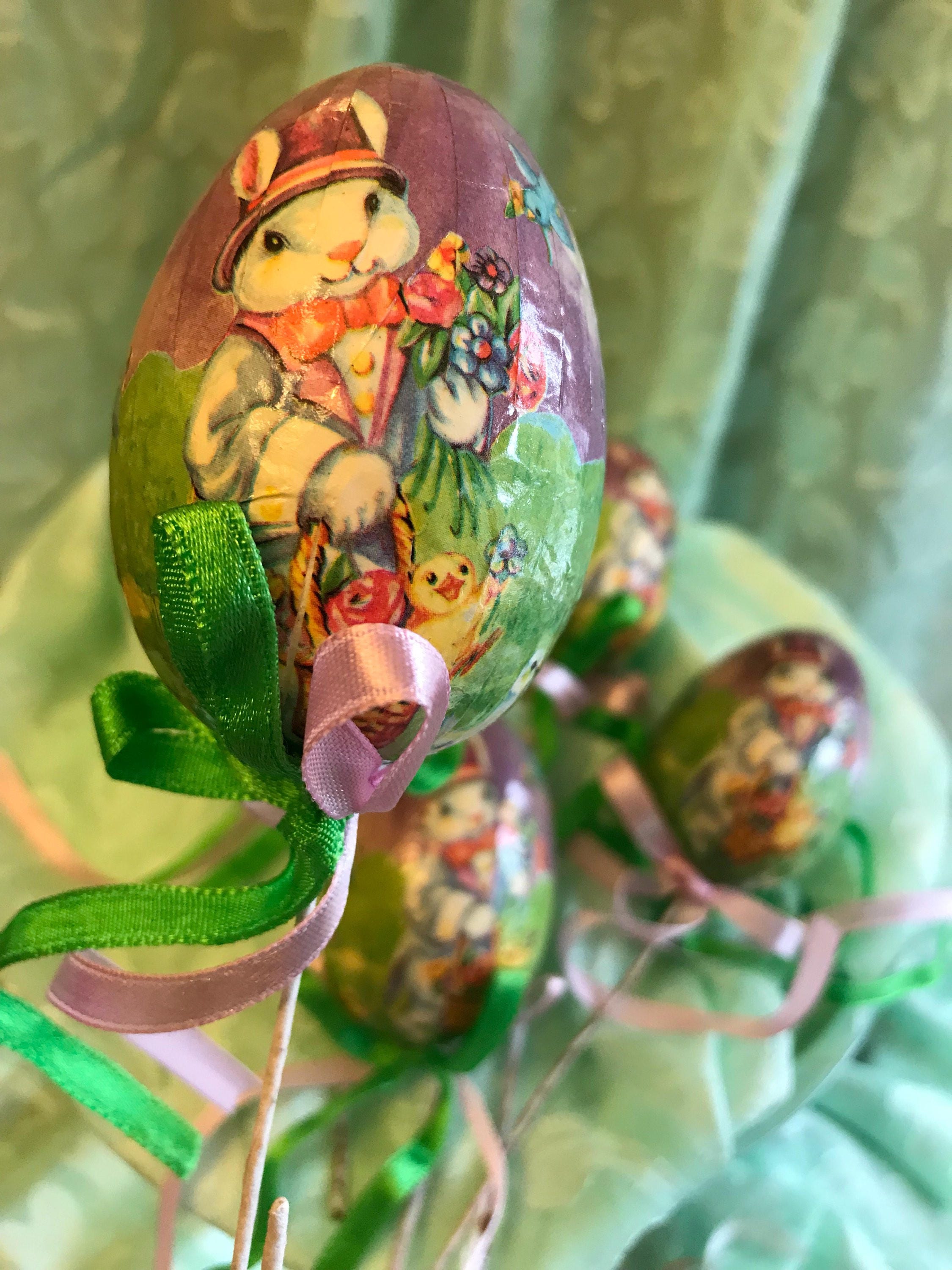 Vintage Easter Egg Ornaments, Paper Mache Egg Picks, Easter Decorations