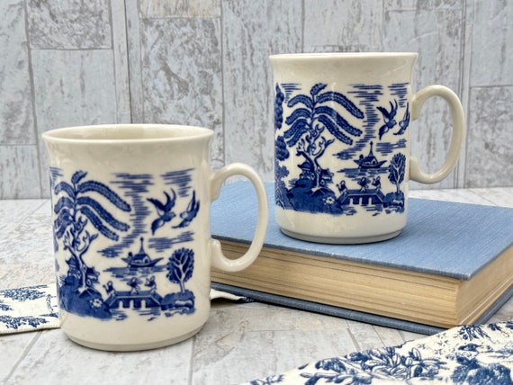 Vintage Blue Willow Mugs, English Ironstone  Blue and white coffee cups, Set of 2, Gift for her, Cottage Style