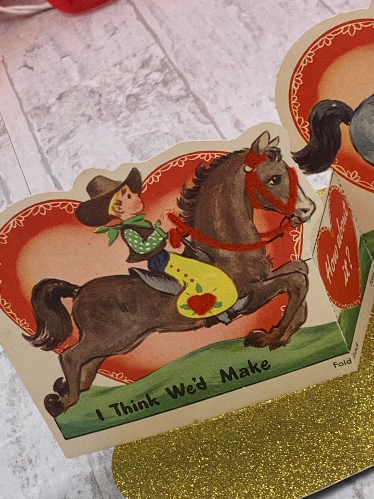 Vintage Flocked Valentines Day cards, folding Cowboy Horse themed die ...