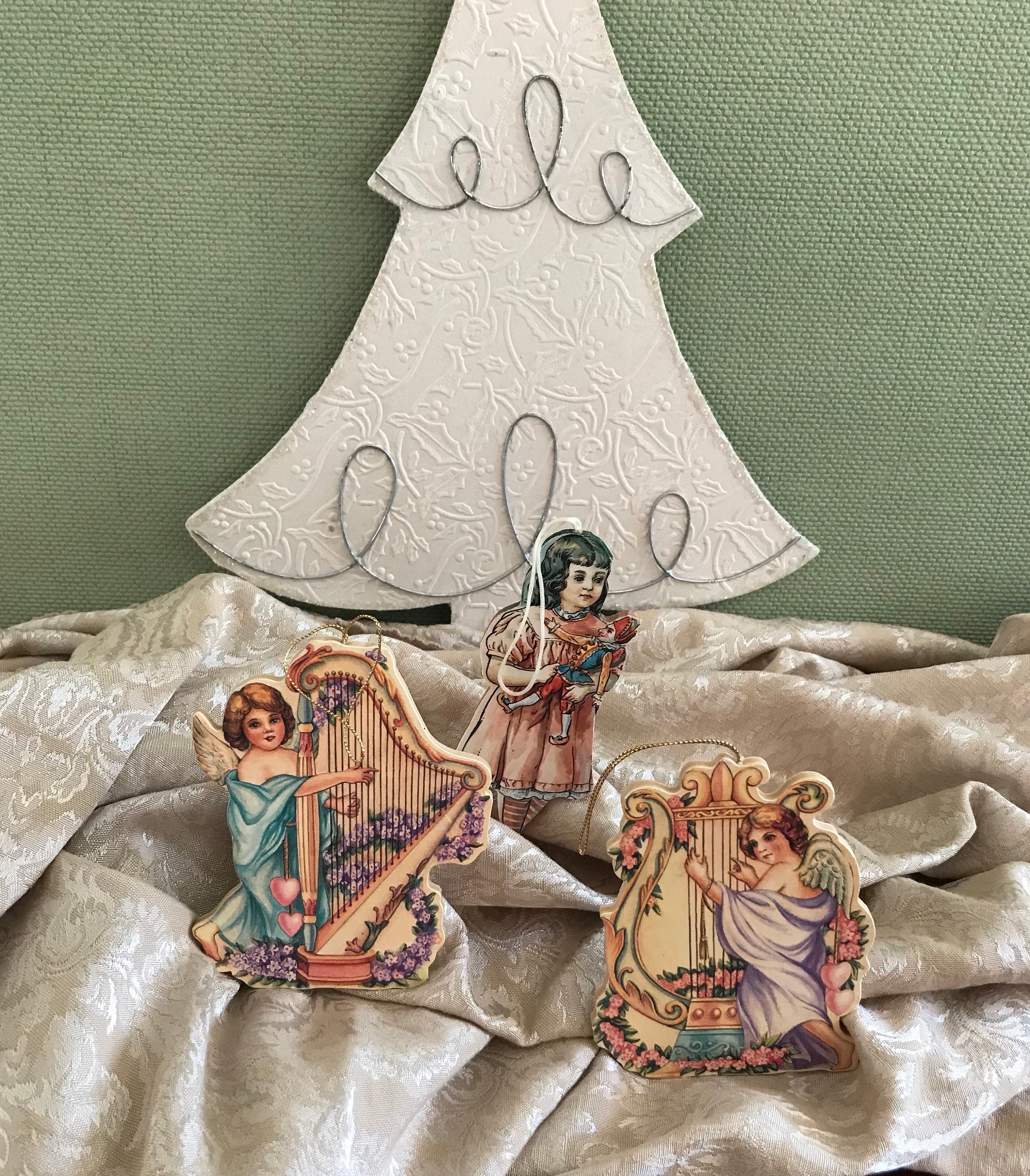 Vintage Victorian Christmas Ornaments with Wood centers Angel harp ornaments Old Fashioned