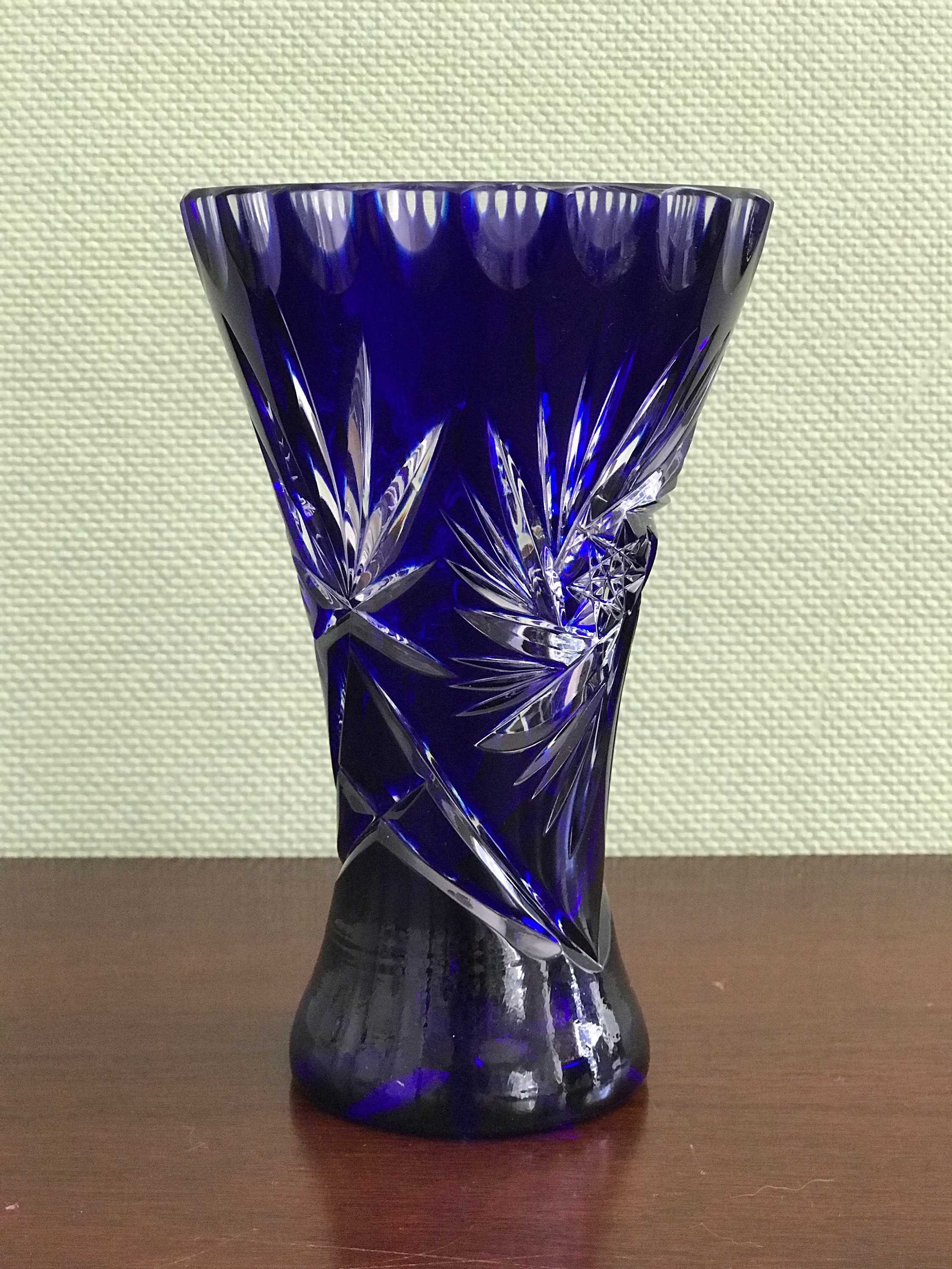 Vintage Cobalt Blue Vase Cut To Clear Crystal Vase Pinwheel Pattern Cut Glass Vase