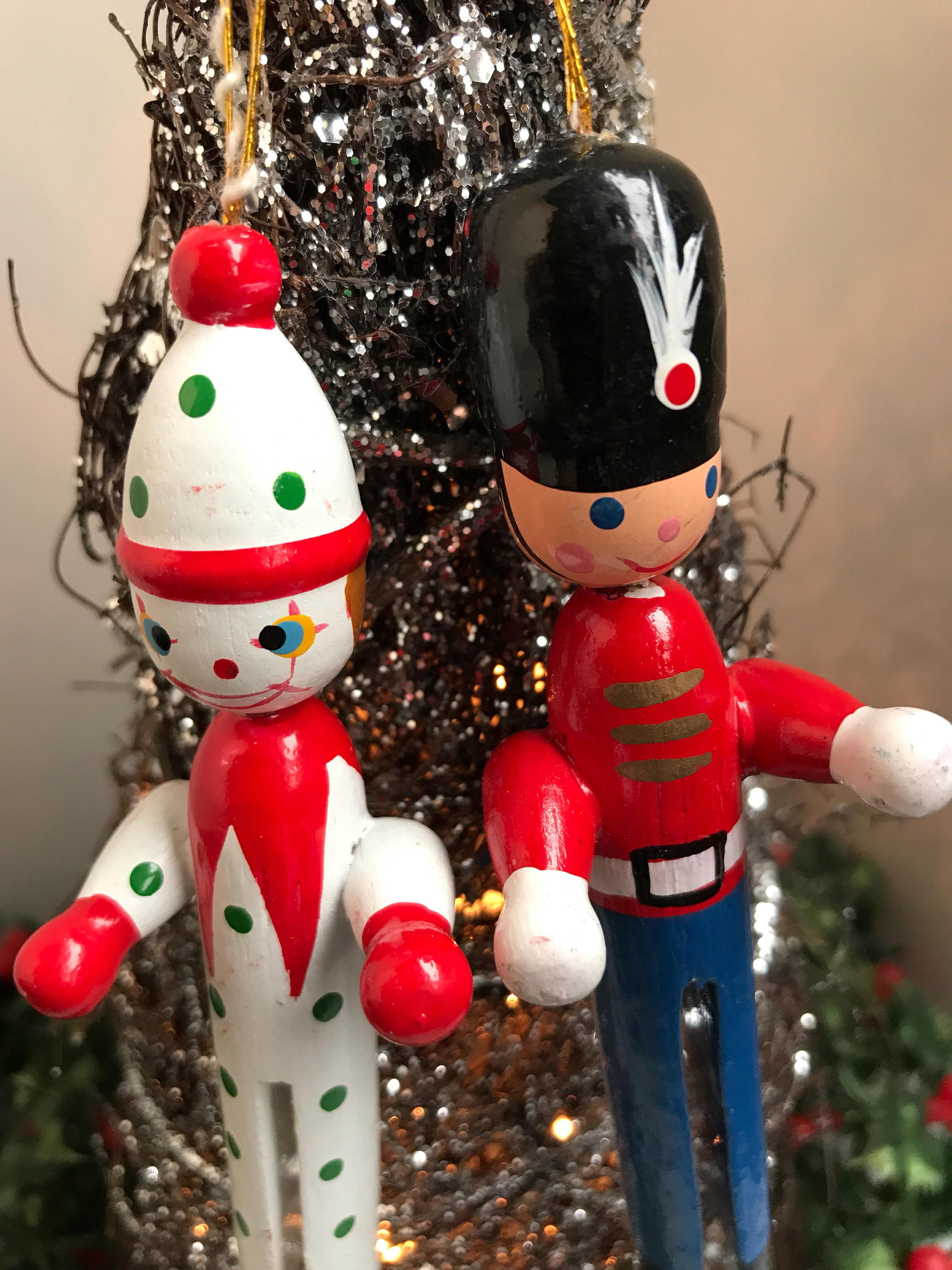 Vintage clothes pin Christmas Ornaments, 1960s Ornaments, painted Christmas ornaments, clown and