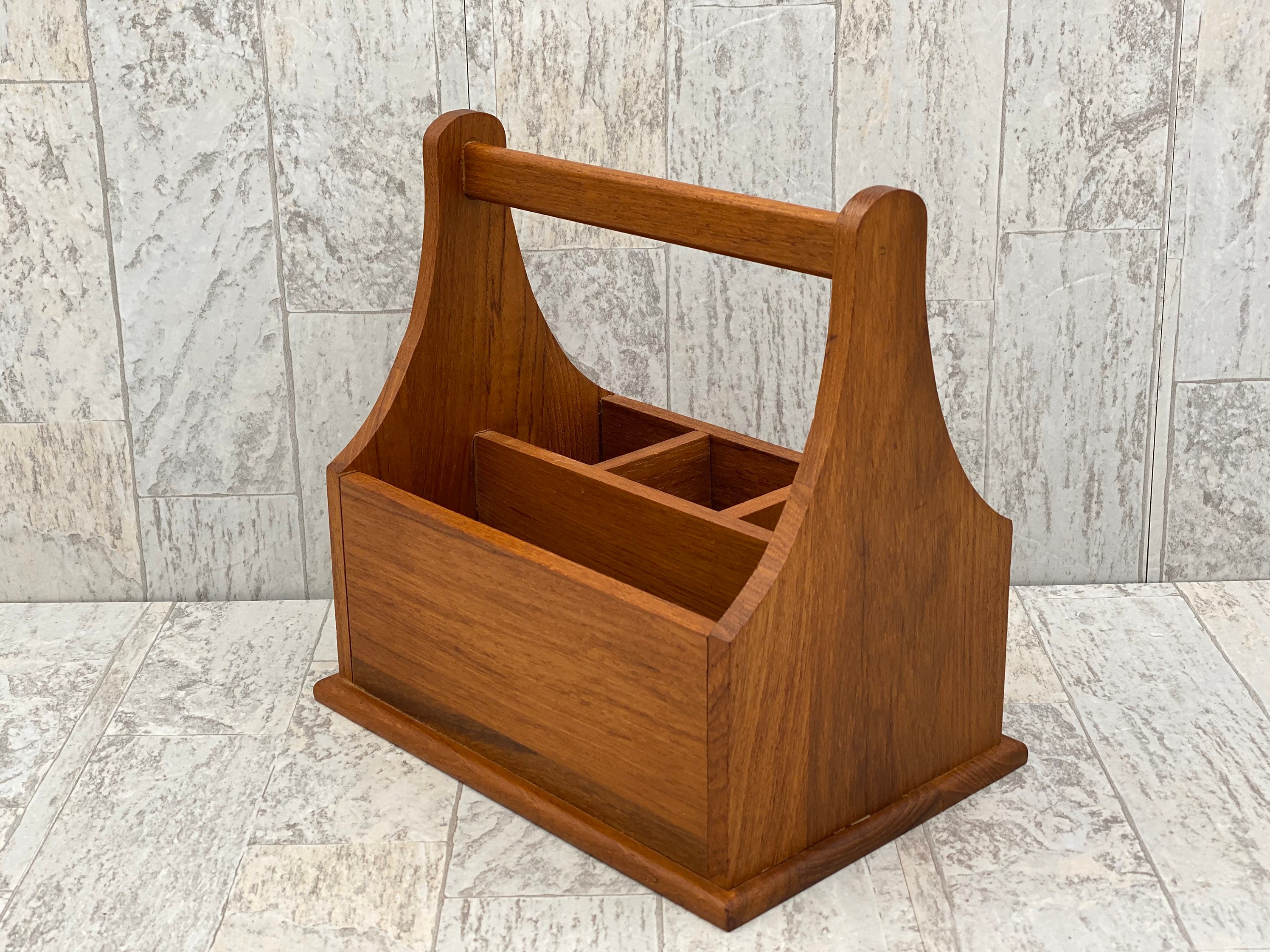 Vintage Flatware caddy, Teakwood silverware holder, Utensil carrying