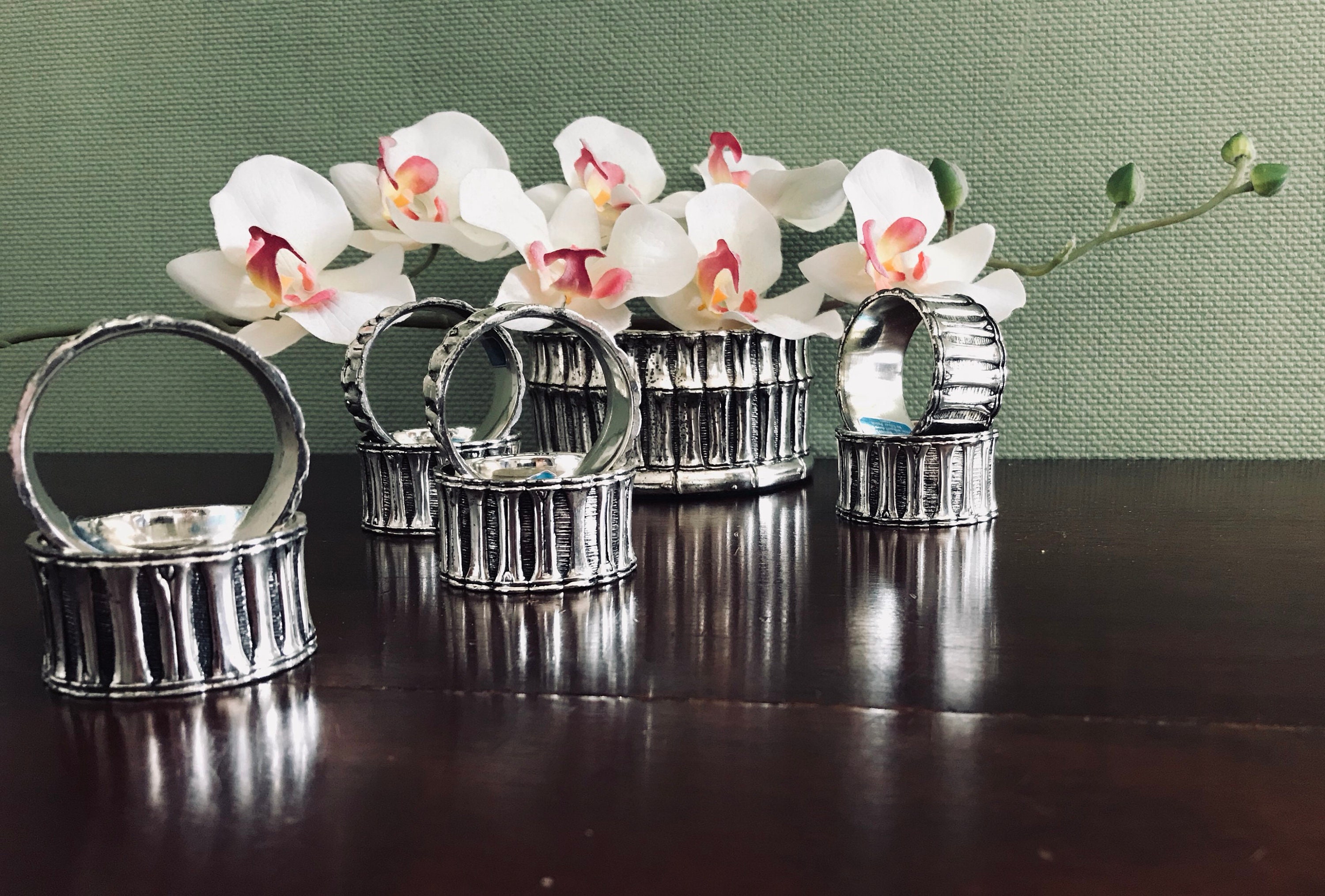 Bamboo Napkin Rings and centerpiece, Silver plated napkin rings matching centerpiece, Asian