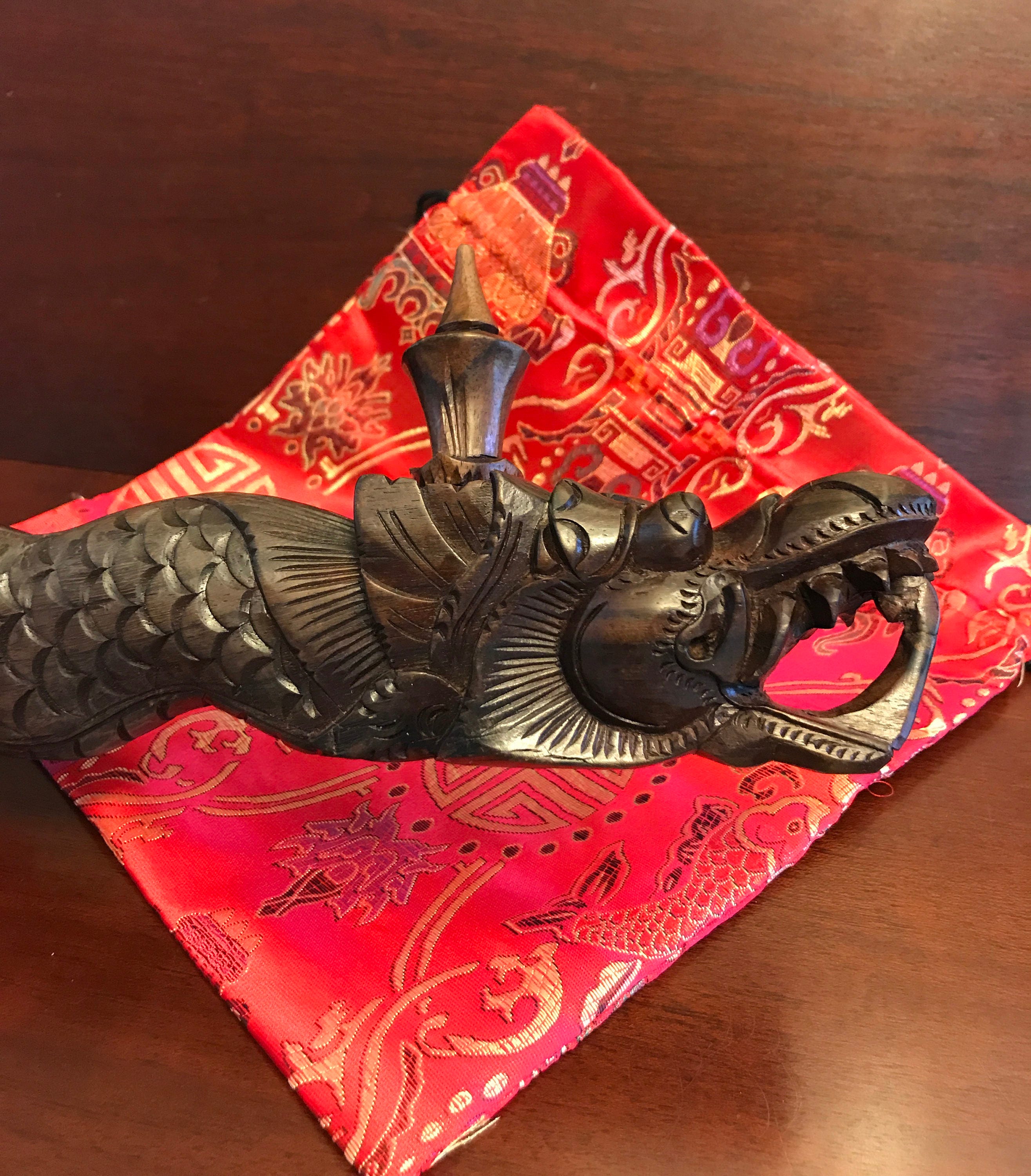 Vintage Carved Dragon Flute, handcarved wooden Flute, Asian Decorator