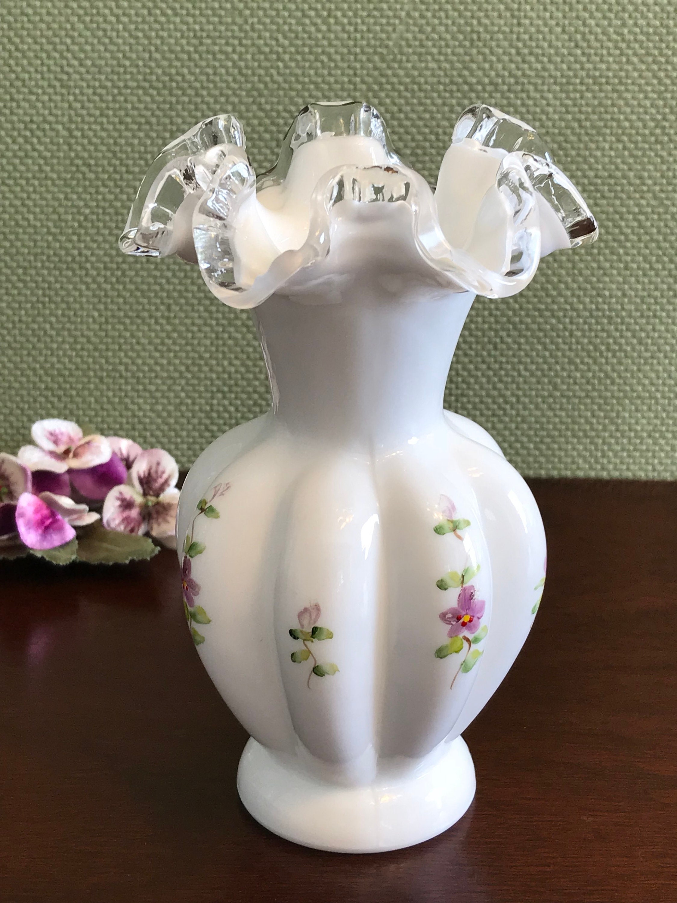 Vintage Fenton Hand painted Milk Glass Vase, Violets in the Snow Pattern, painted violets