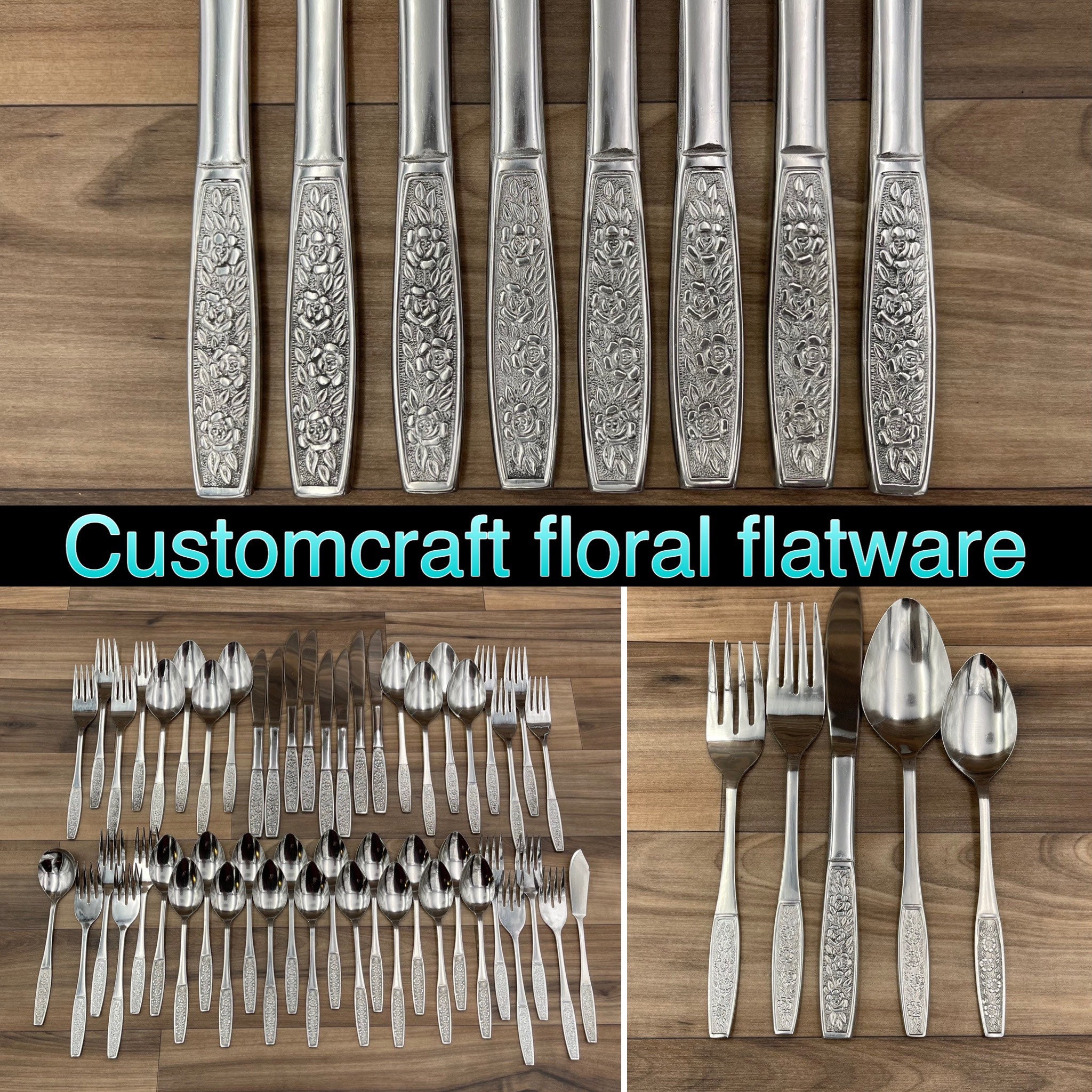 Vintage Flatware Set, MCM Floral Stainless Silverware Tremont