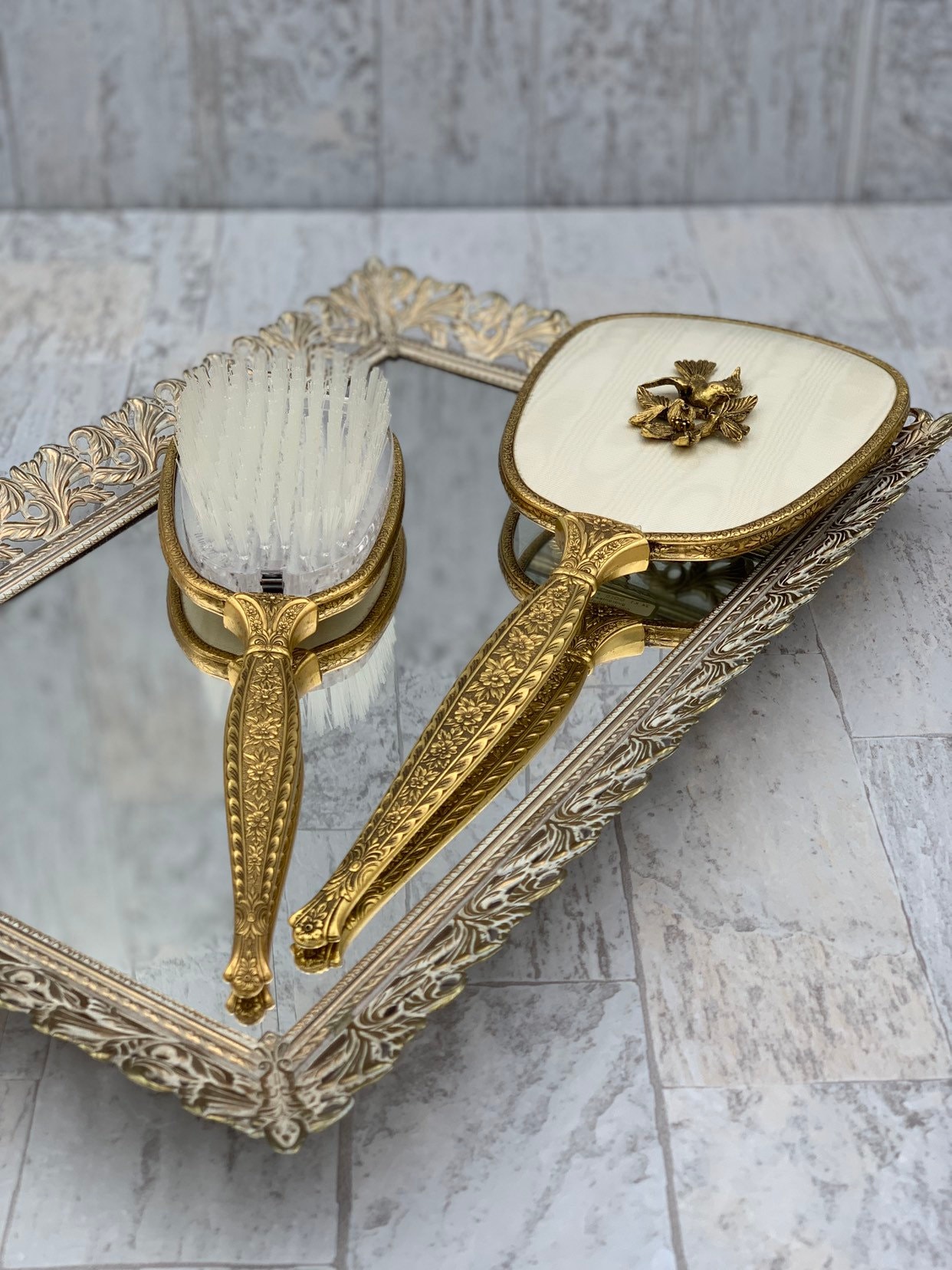 Vintage Gold Vantity Set 24ct Gold plated dresser set, Hand mirror