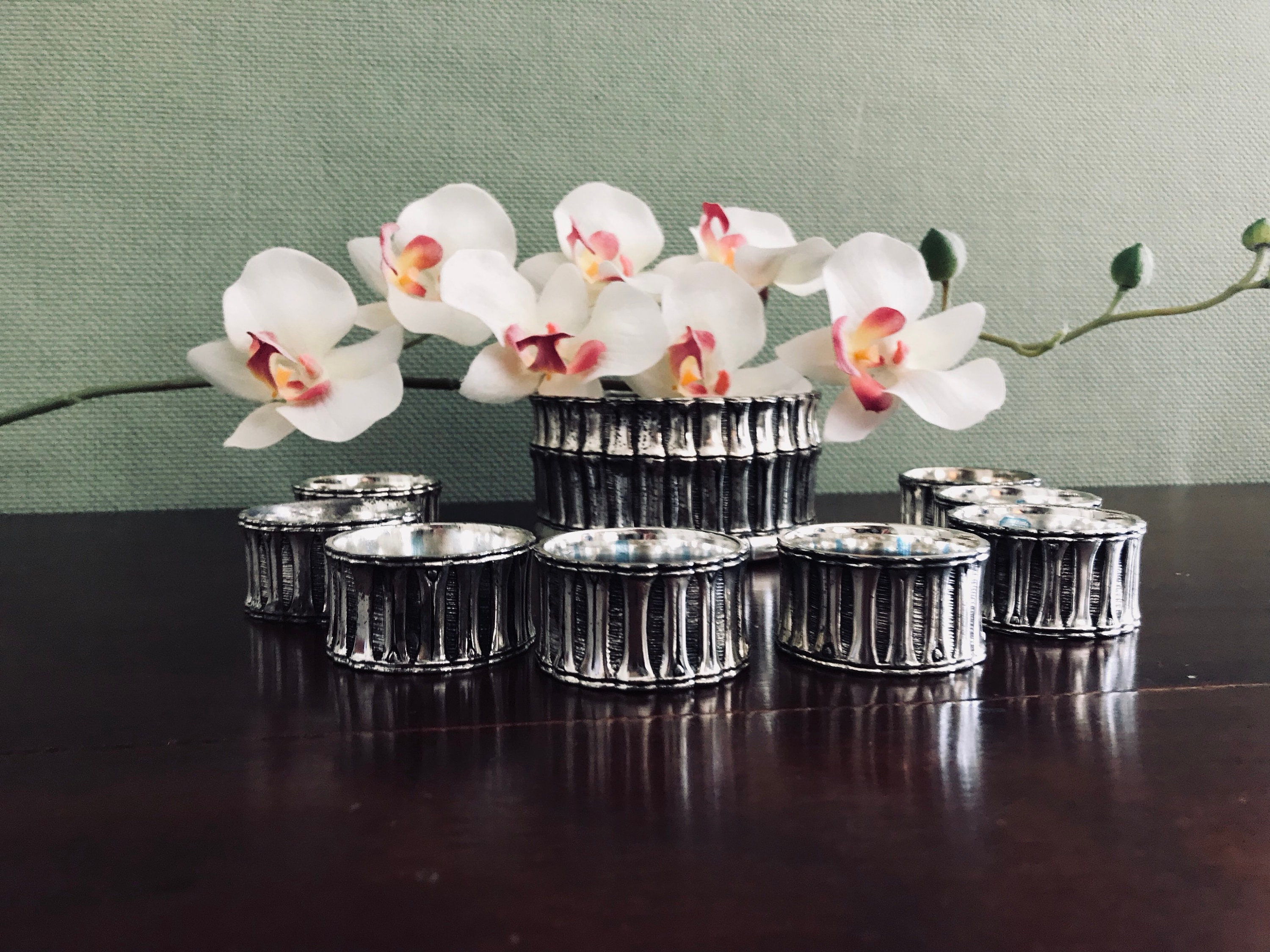 Bamboo Napkin Rings and centerpiece, Silver plated napkin rings matching centerpiece, Asian