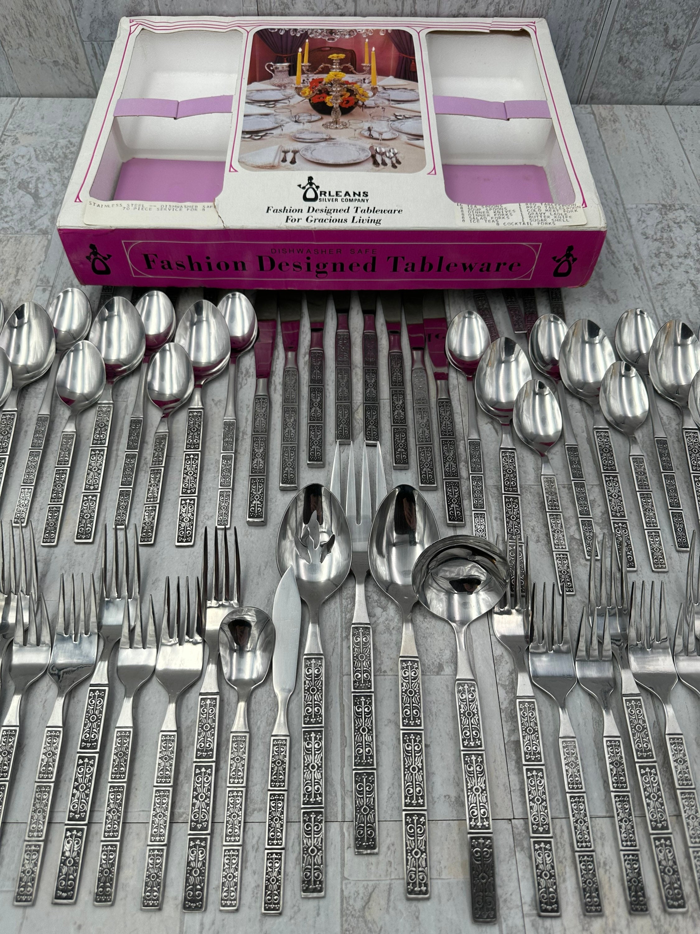 Vintage Flatware Set, MCM Orleans Geometric Stainless Silverware Set 