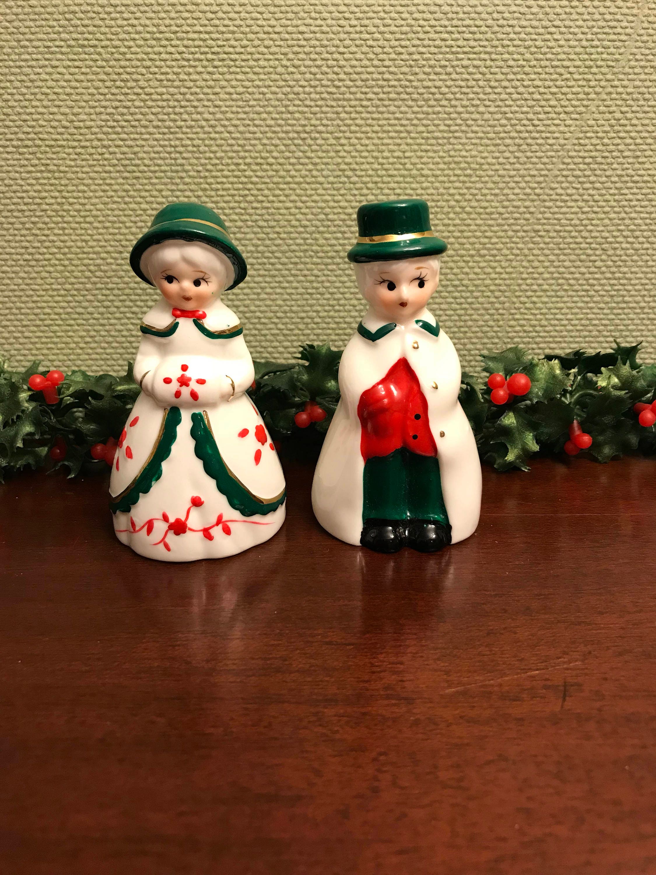 Vintage Christmas Bell Figurines, Hand painted Victorian couple