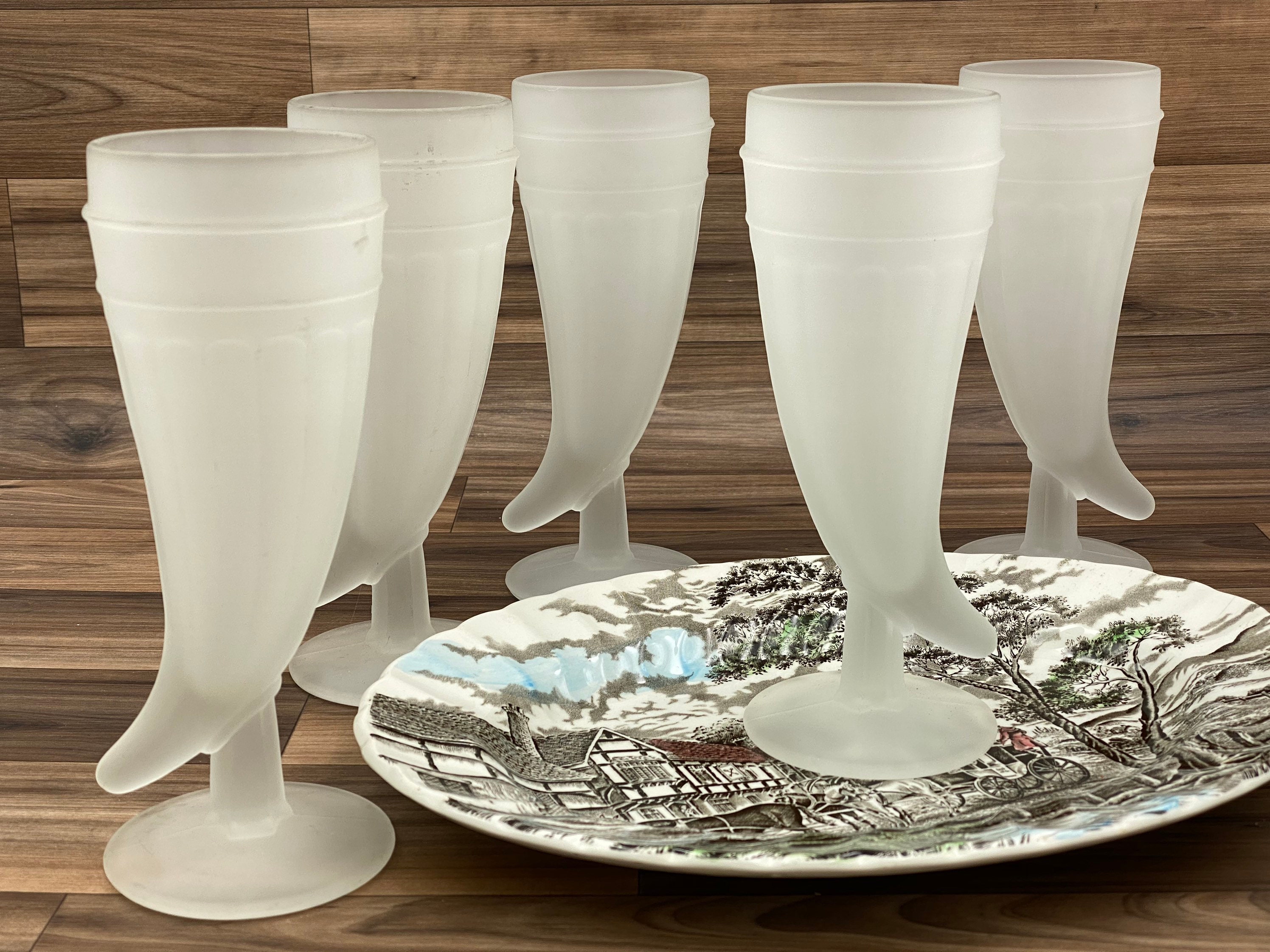 Vintage Powder Horn Glasses, Frosted Glass Horn Shaped by Tiara, Set Of 6, Gift for Him, Man