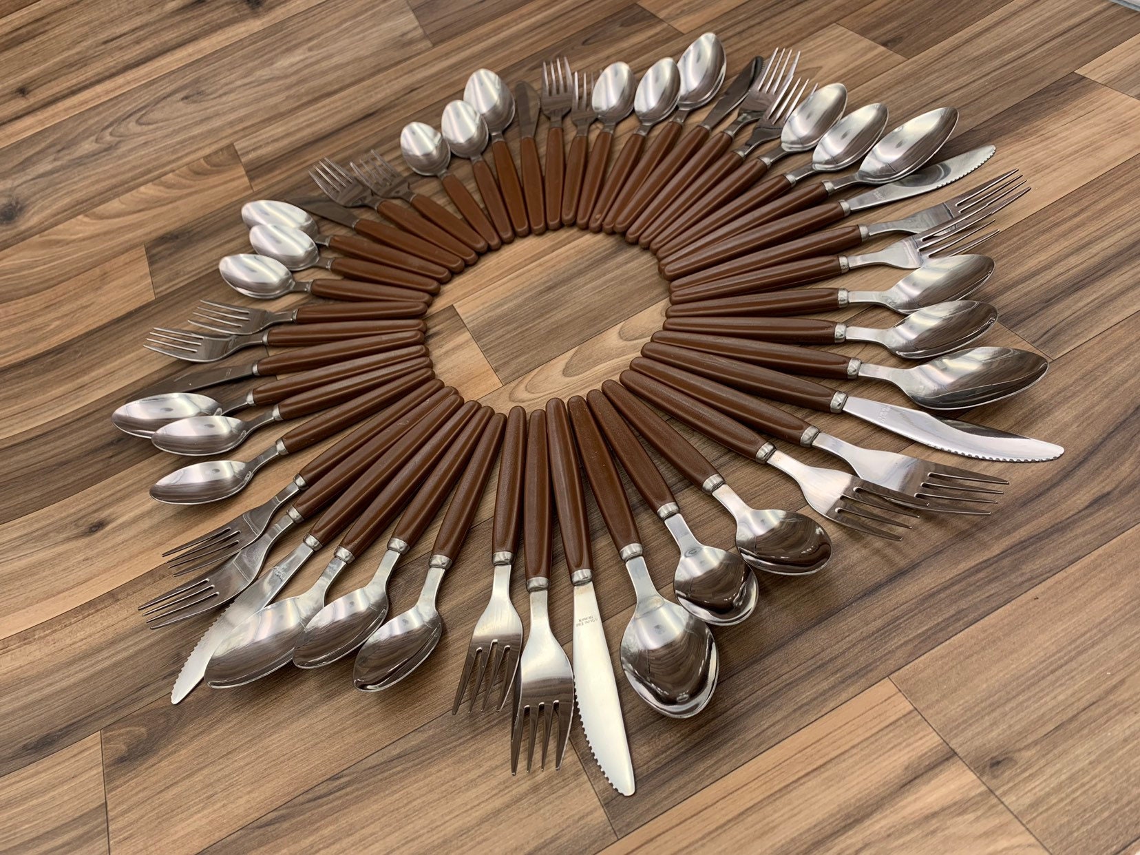 Vintage Stainless Flatware set Brown Plastic Handles, Retro Silverware