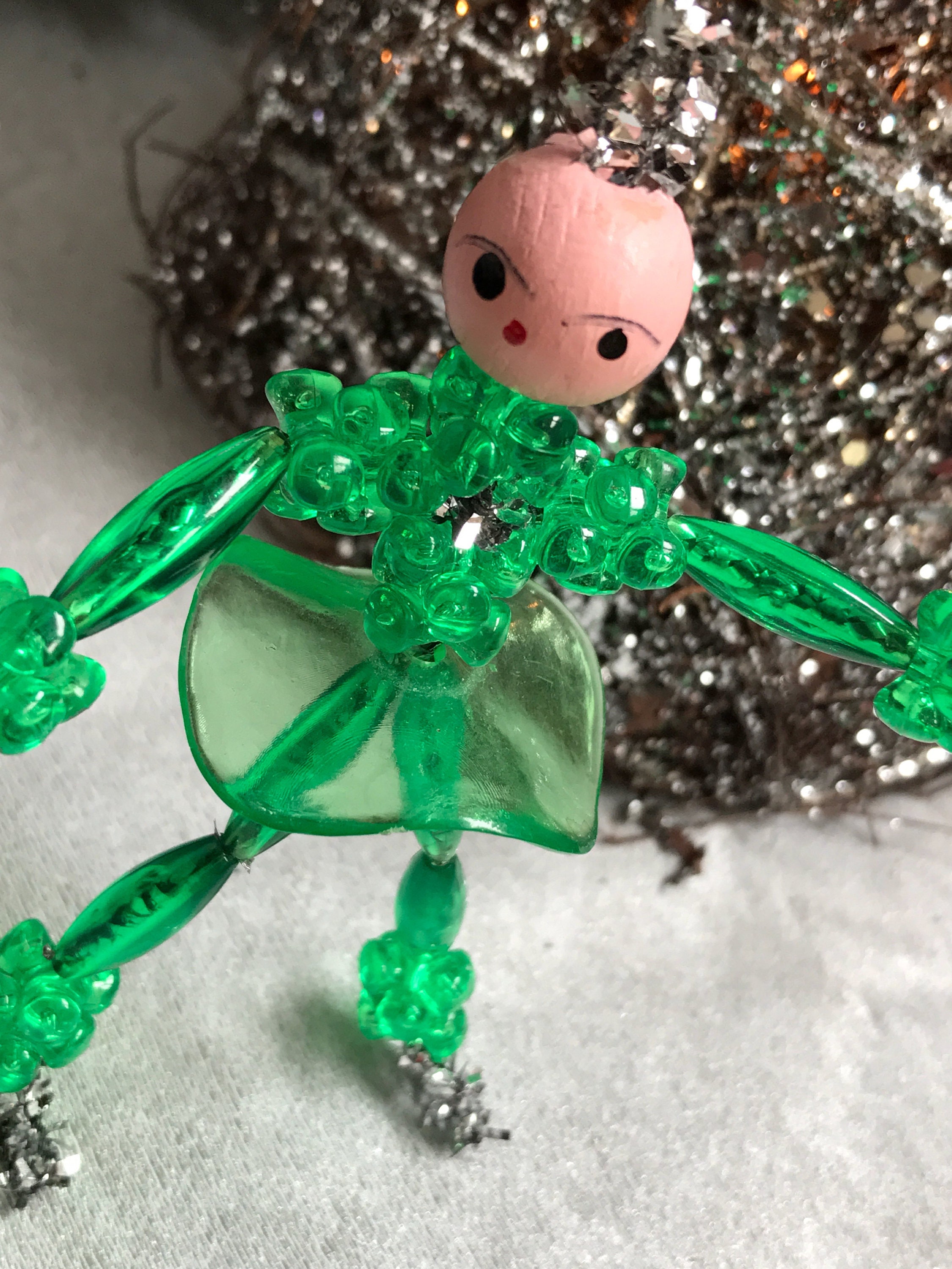 Vintage Ice Skater Ornaments, 1960s Beaded Christmas Ornaments