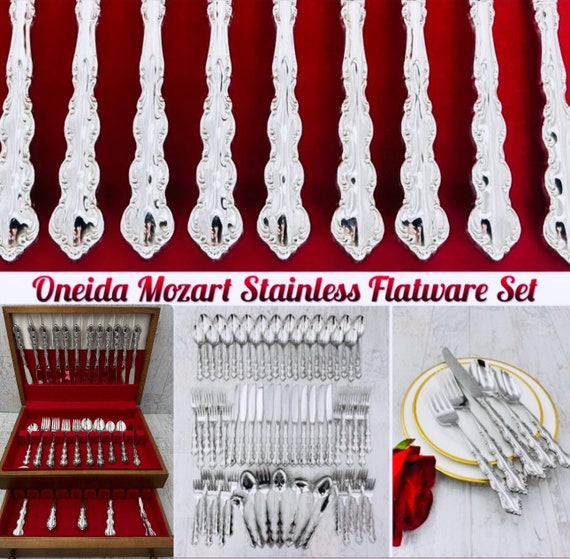 Vintage Flatware Set Oneida Mozart Deluxe Stainless, Service for 12 Excellent Condition, Wedding Gift