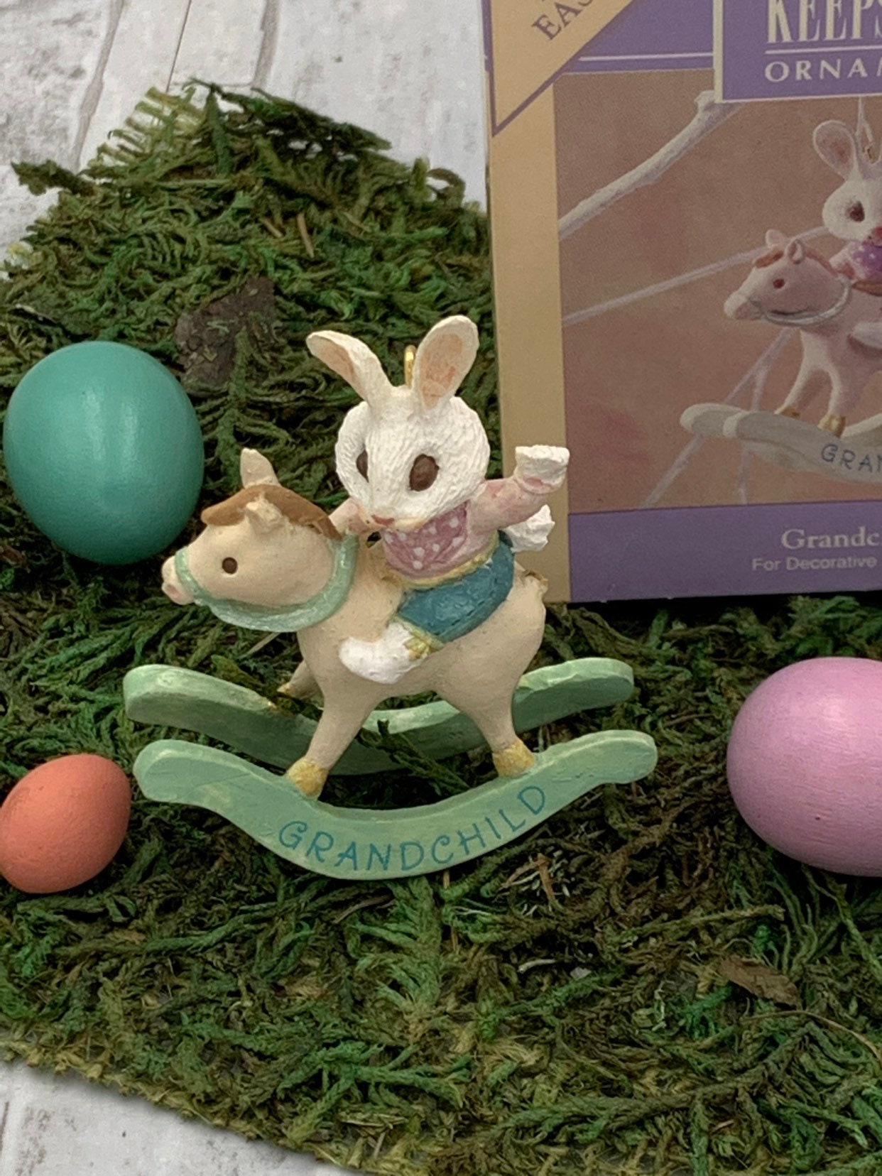Vintage Hallmark Easter Ornament, Easter Bunny on a rocking horse, 1991