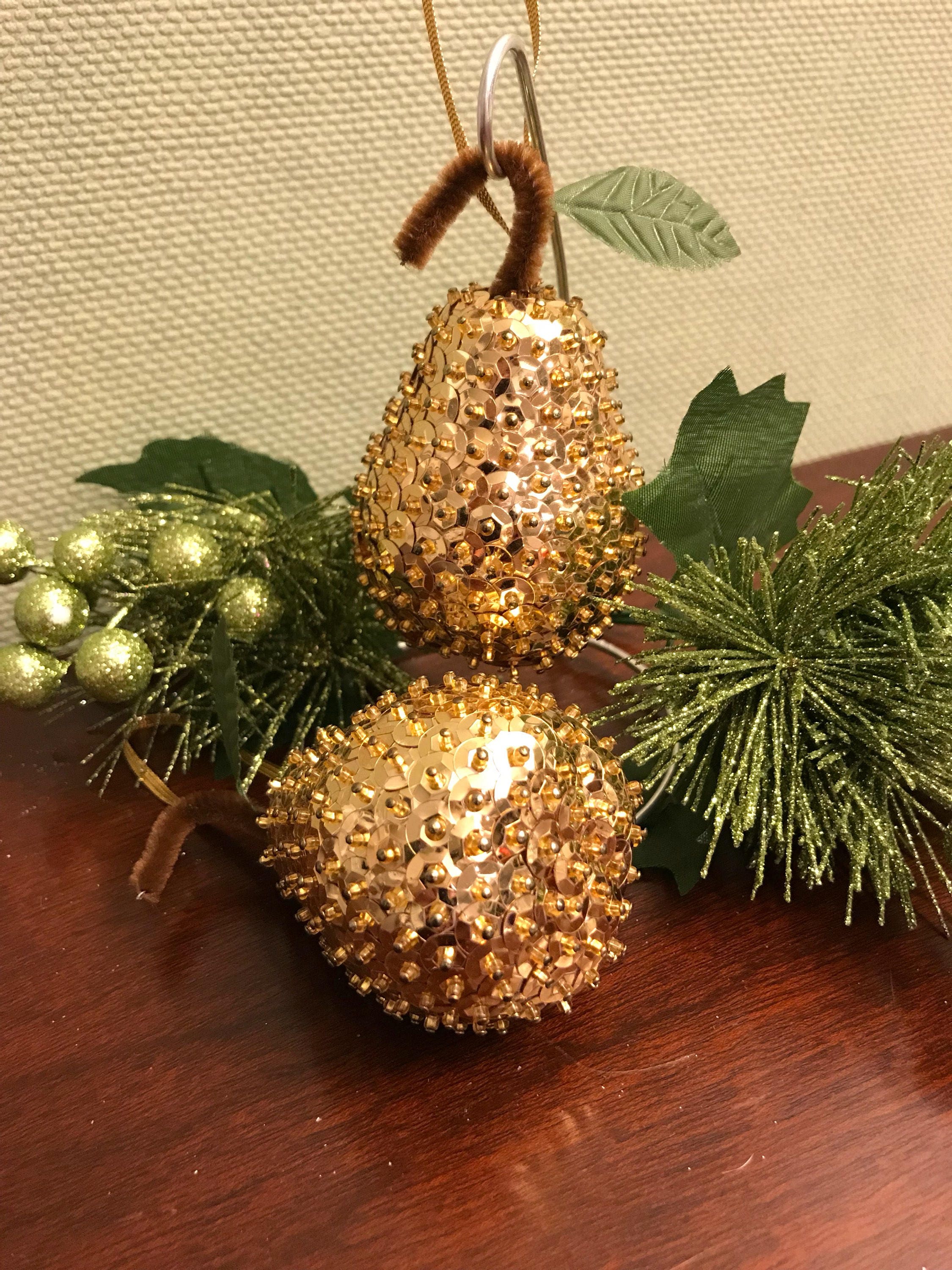 Vintage Gold Pears, Beaded Sequined Christmas Ornaments, golden Baubles, Ornate Handmade