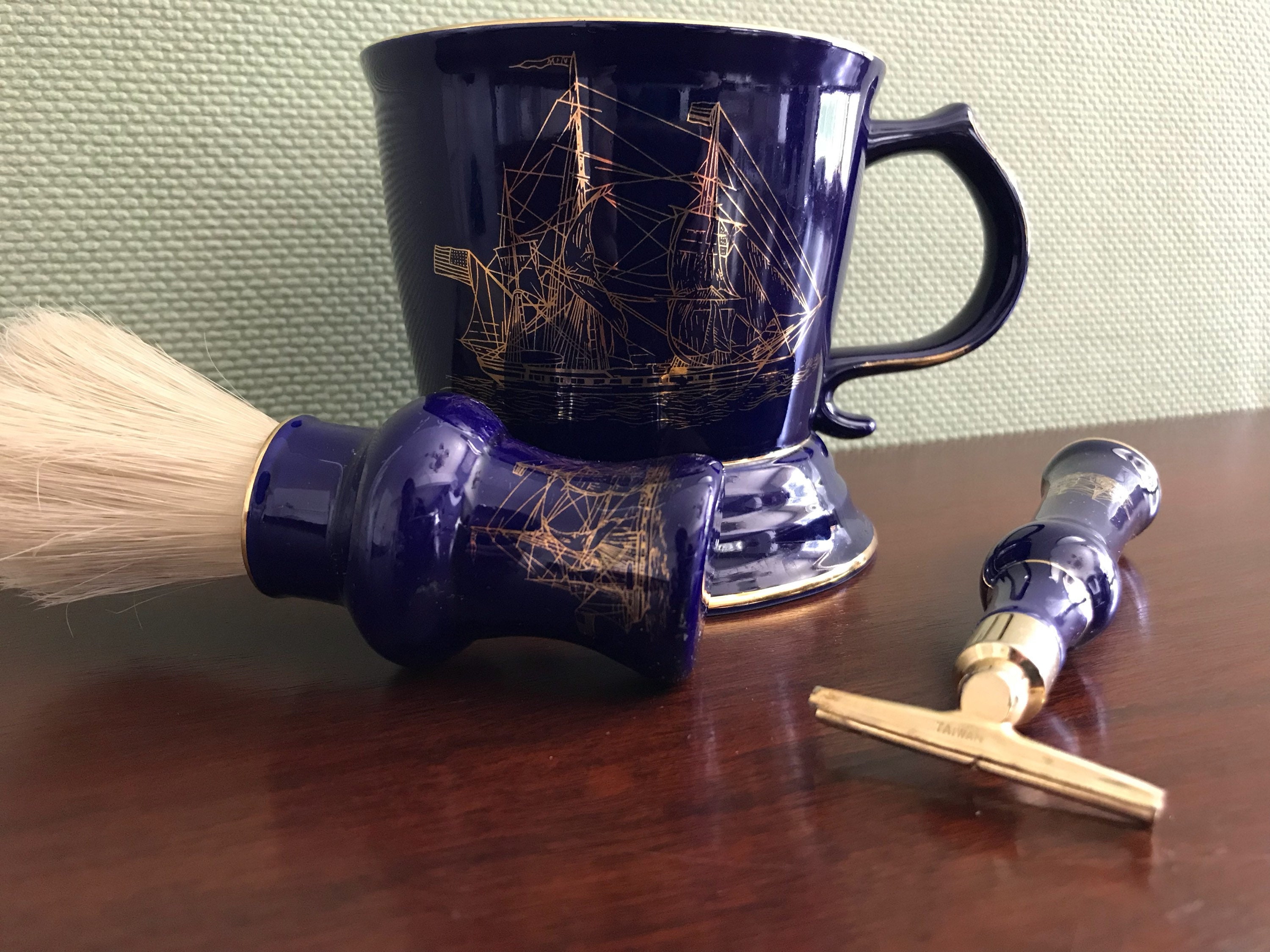 Vintage Blue Shaving Mug, Ceramic Shaving Mug with Ship, shaving brush, Razor, Collectible