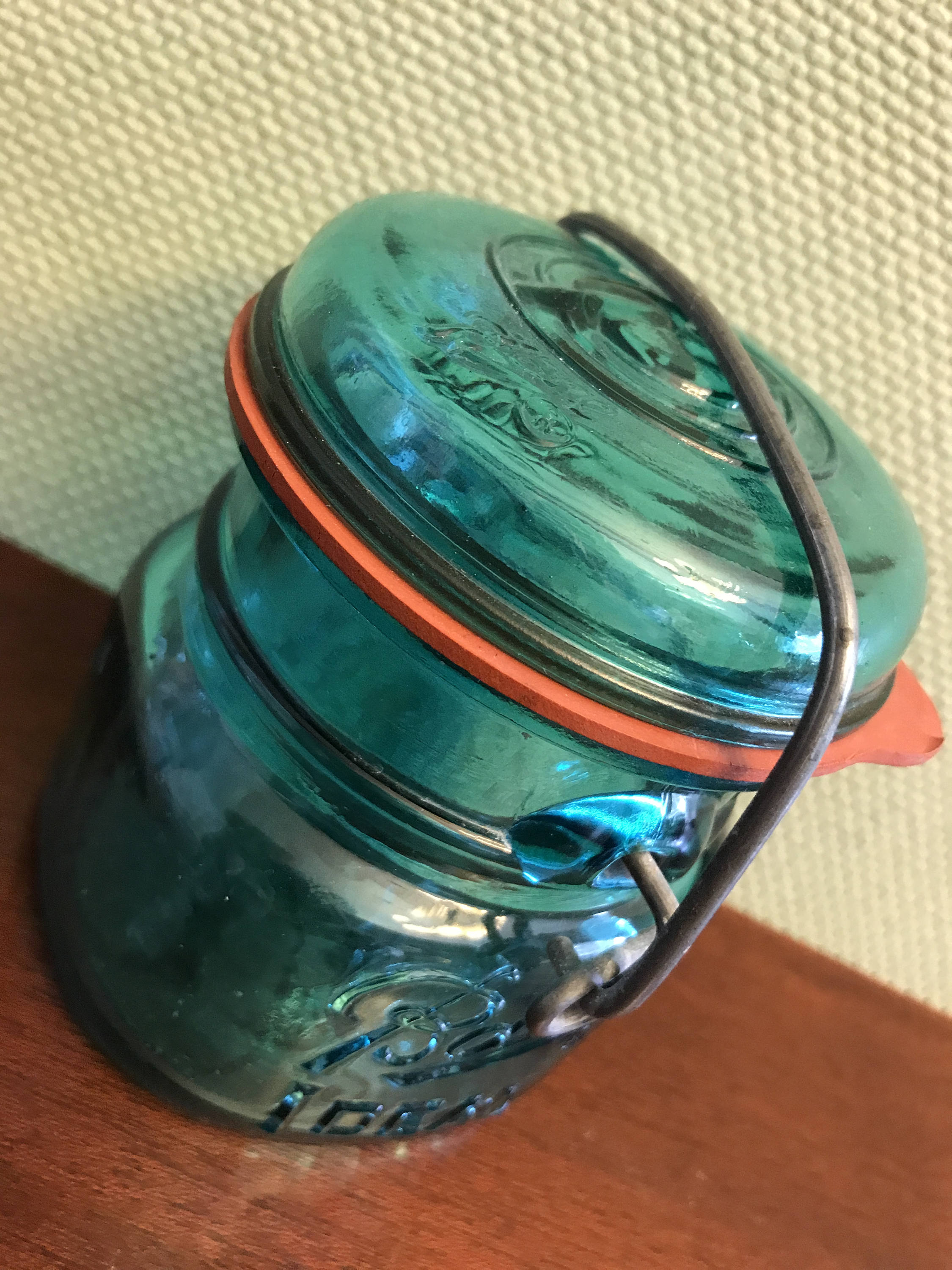 Blue Ball Jar, Vintage Ball Ideal Canning Jar, Turquoise Mason Jar, Ball Jar with wire, Pint