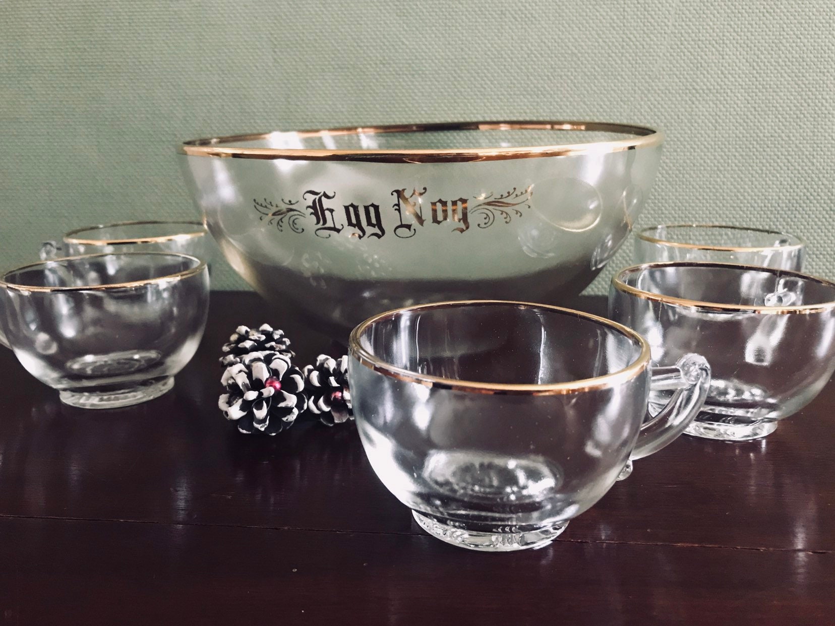 Vintage Punch Bowl set, Gold rim Jeanette Glass Punch bowl ...