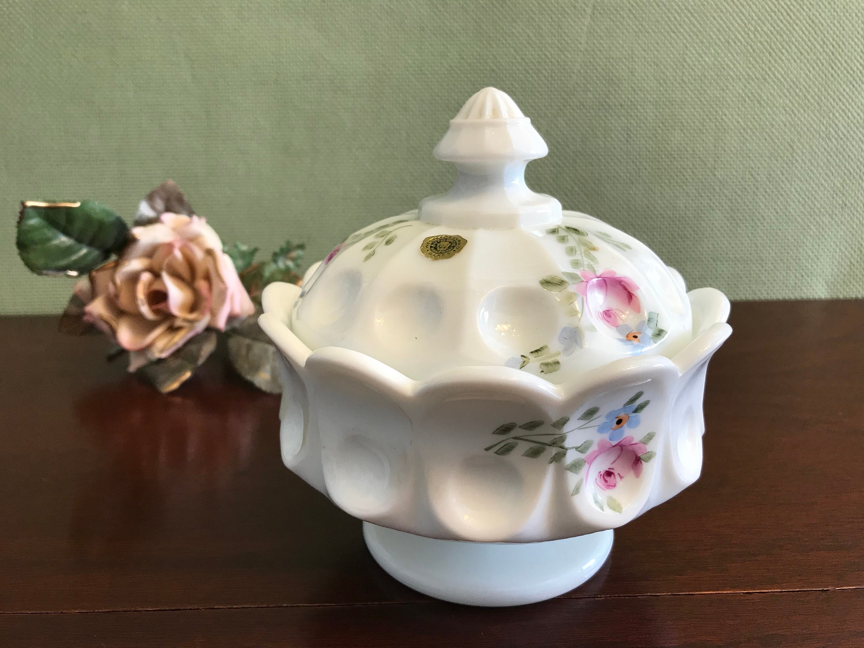 Vintage Milk Glass candy dish Hand painted Roses Westmoreland Glass
