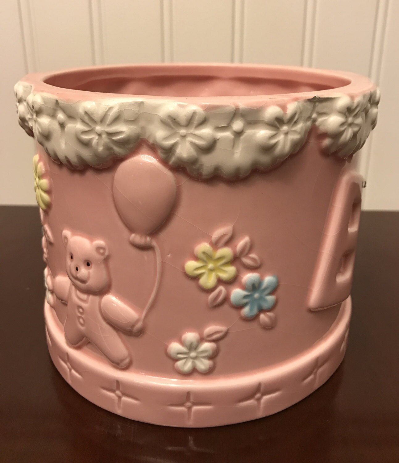 Vintage Pink Baby planter, flowers on pink ceramic, baby nursery