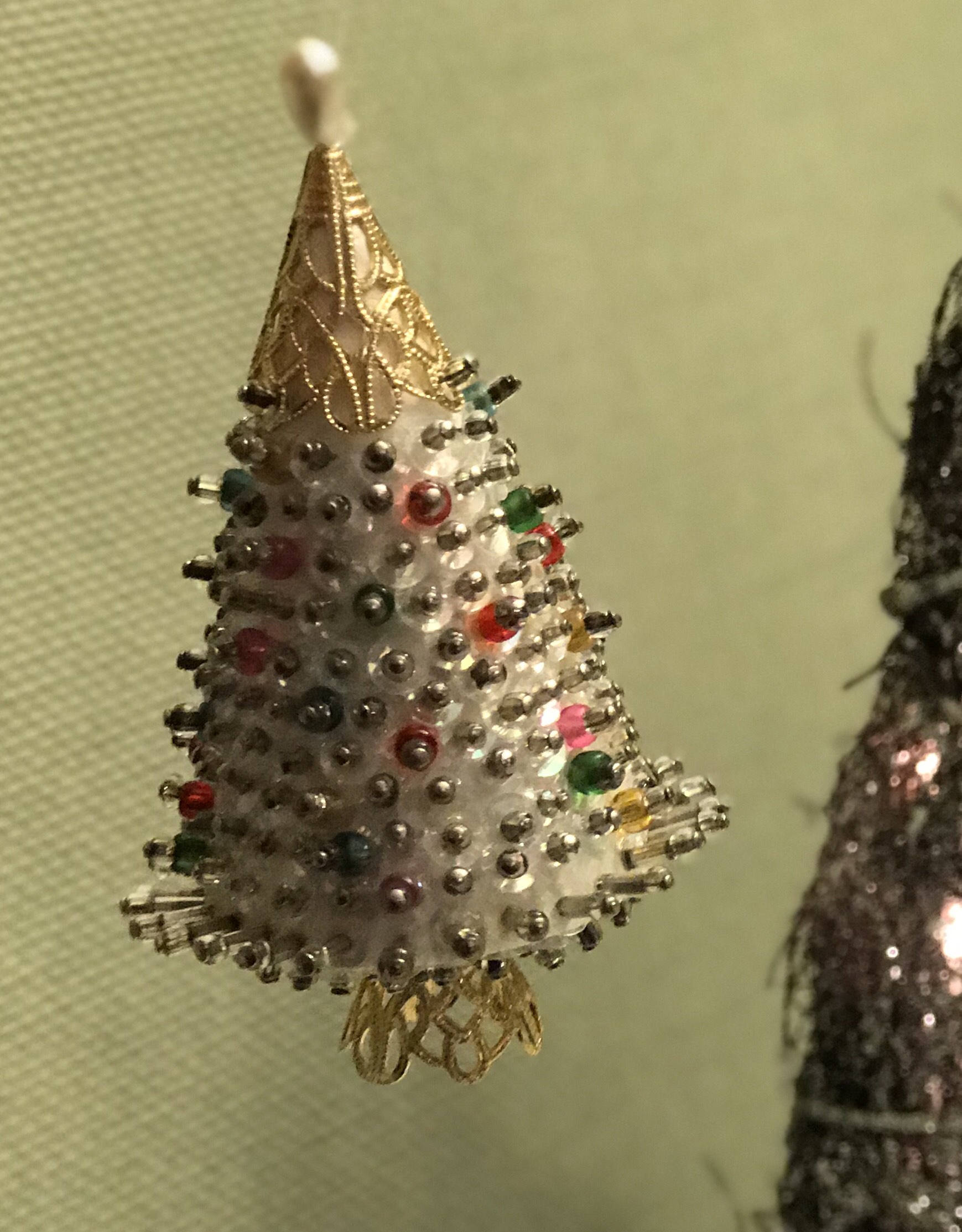 Vintage Beaded Sequined Christmas Tree Shaped Ornament, gold pink green