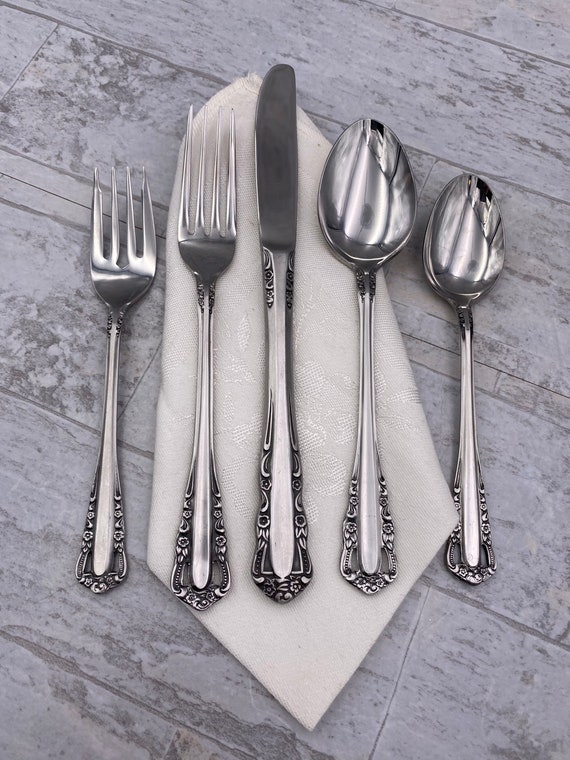 Mid Century Stainless Flatware set Pierced Rose by Interpur Floral handle MCM Flatware Vintage Silverware set