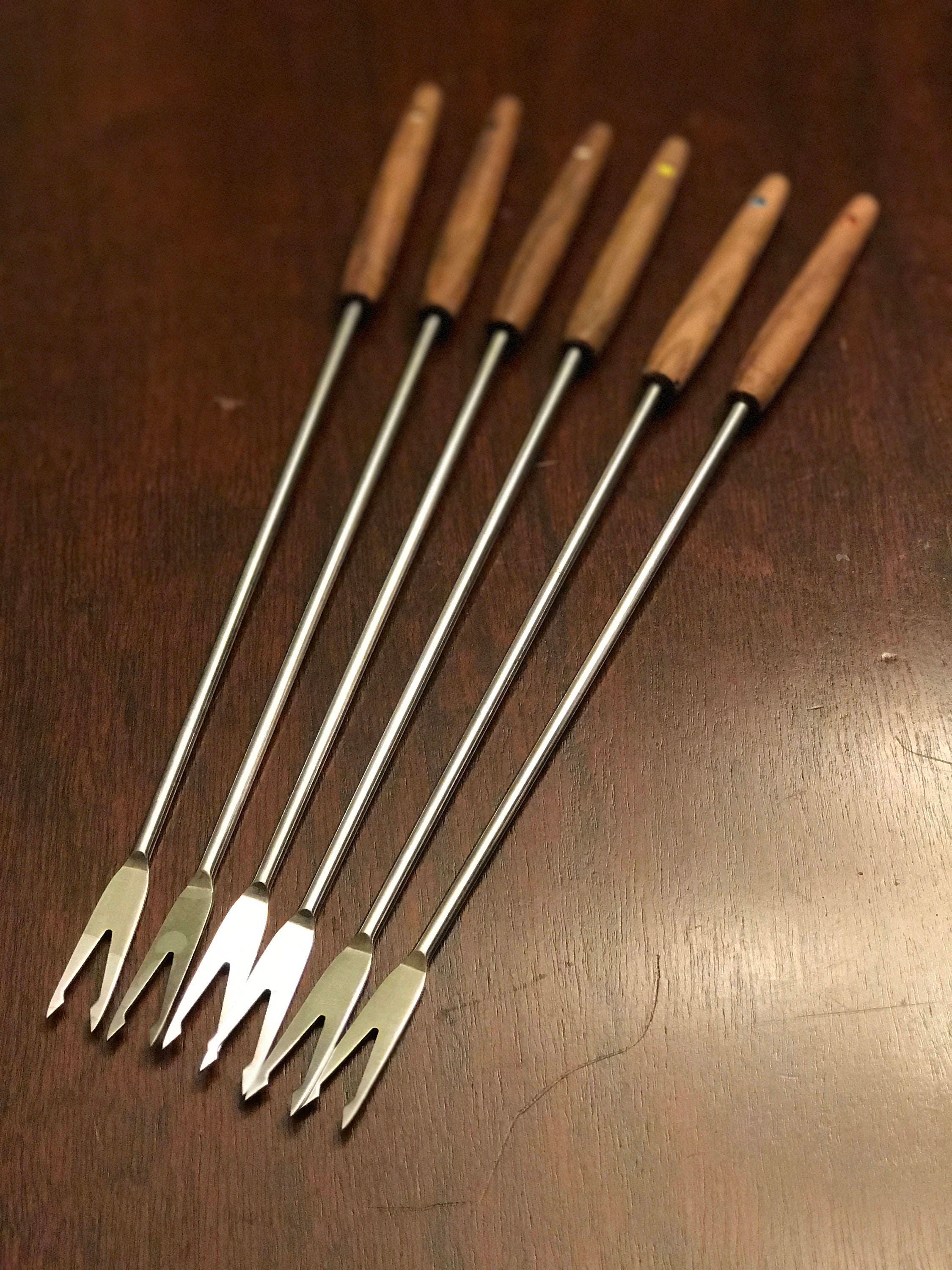 Danish Modern Fondue Forks, Teakwood stainless steel with Color Dots