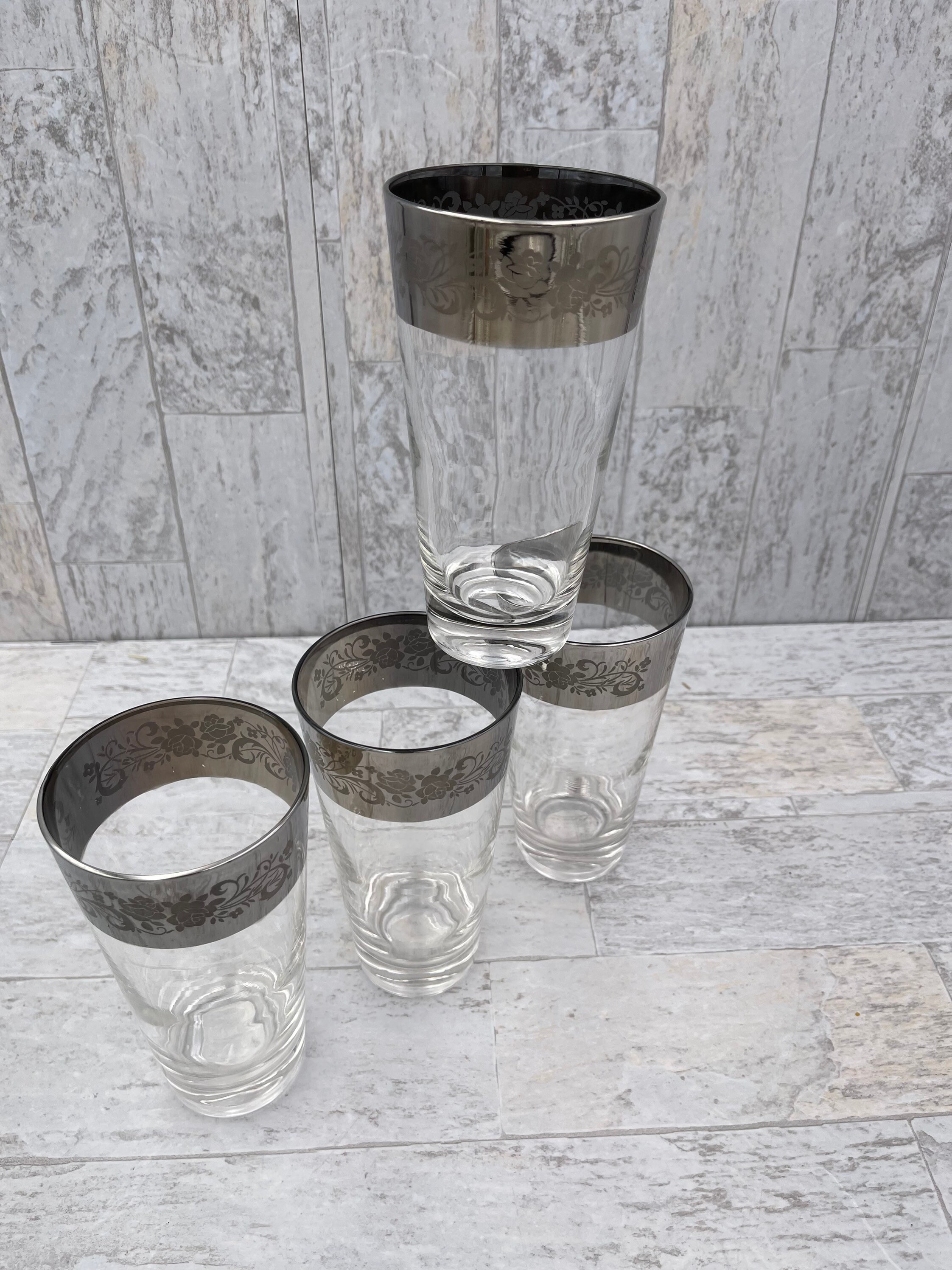 Vintage Silver Band glasses, floral pattern MCM Drinkware