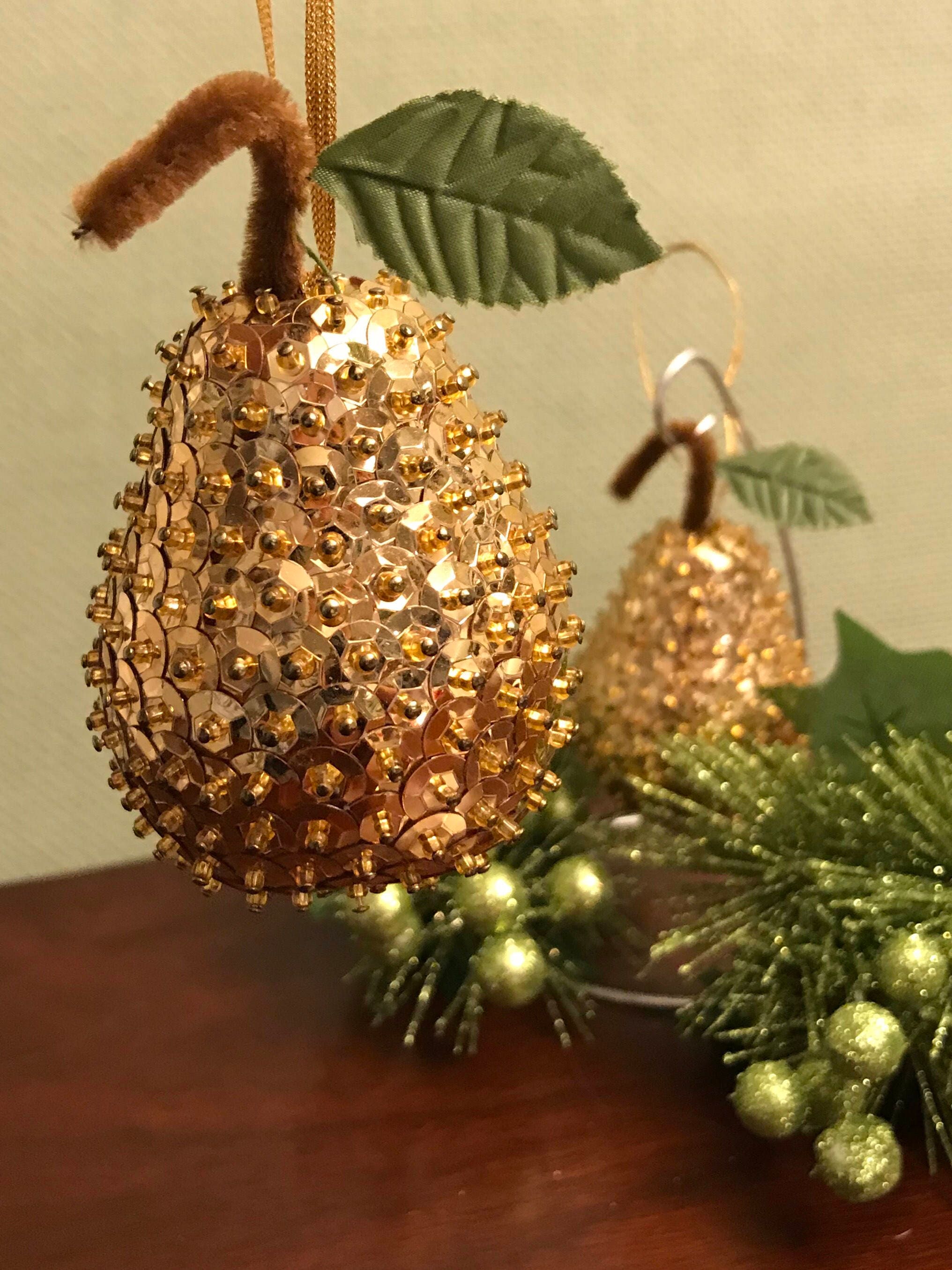 Vintage Gold Pears, Beaded Sequined Christmas Ornaments, golden Baubles