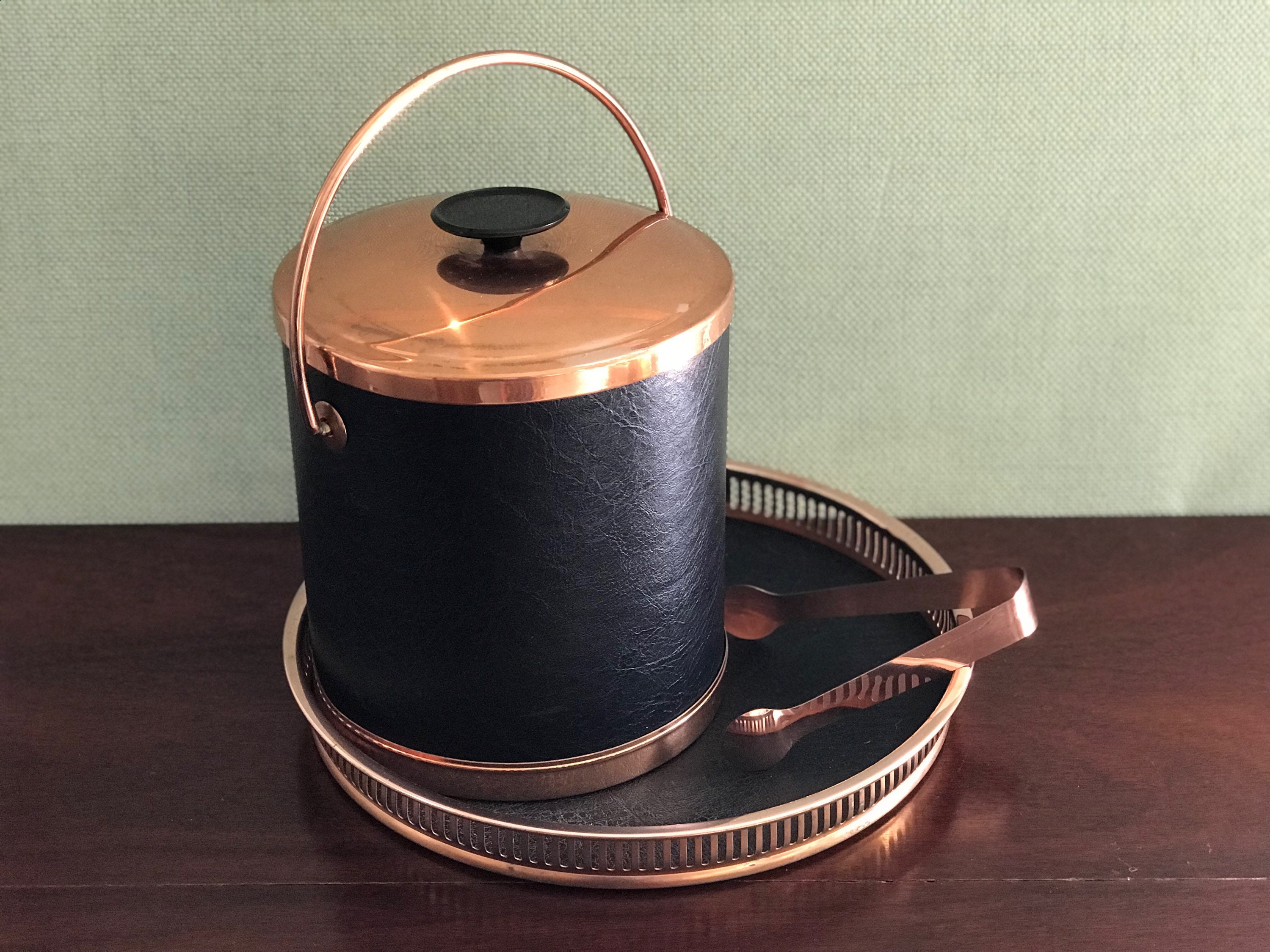 MCM Ice Bucket Black Leatherette Copper Ice Bucket Set Copper tray Mid