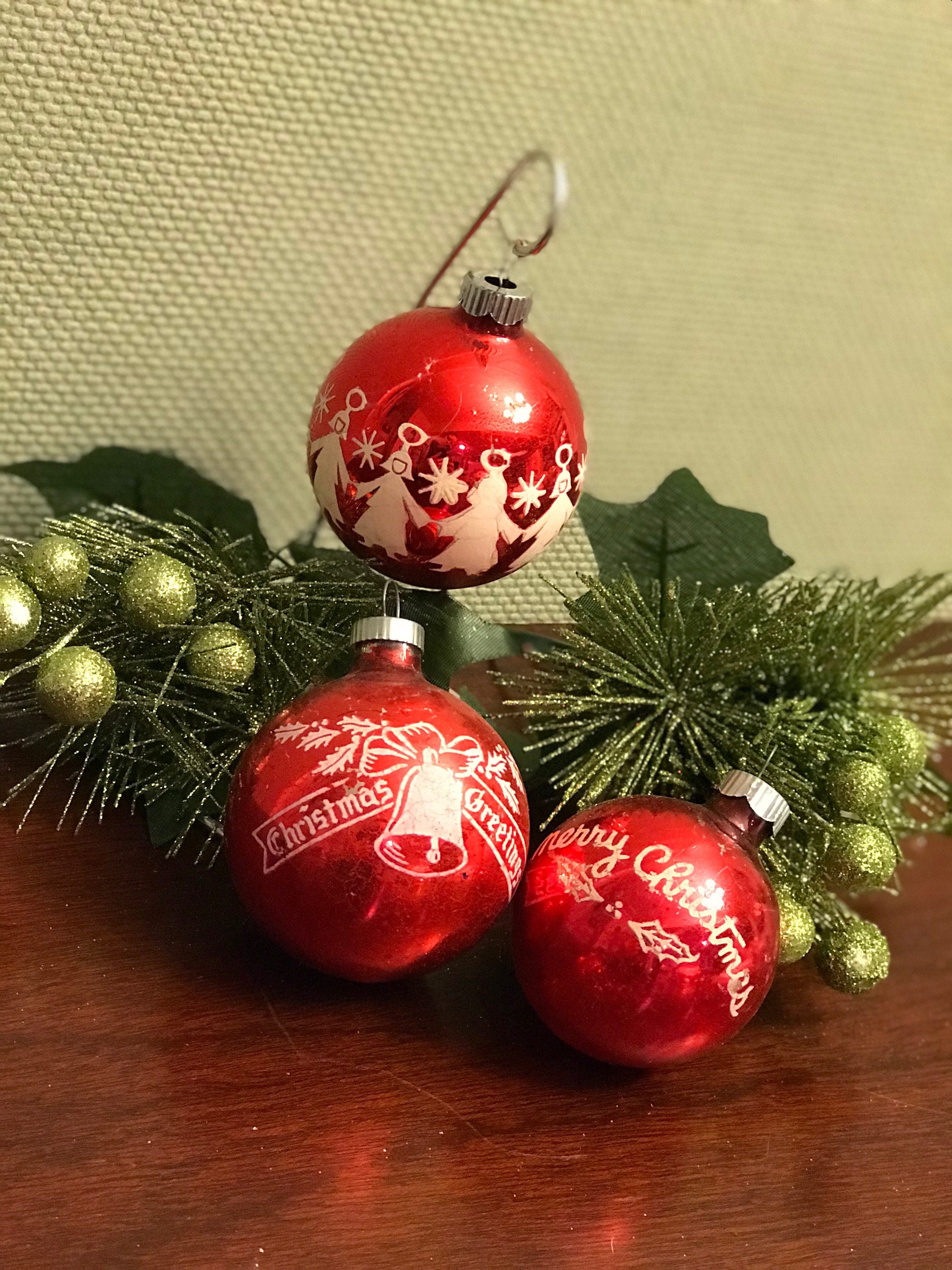 Vintage Shiny Brite Ornaments, Red Stenciled Mica Ball ornaments, Vintage Christmas ornaments
