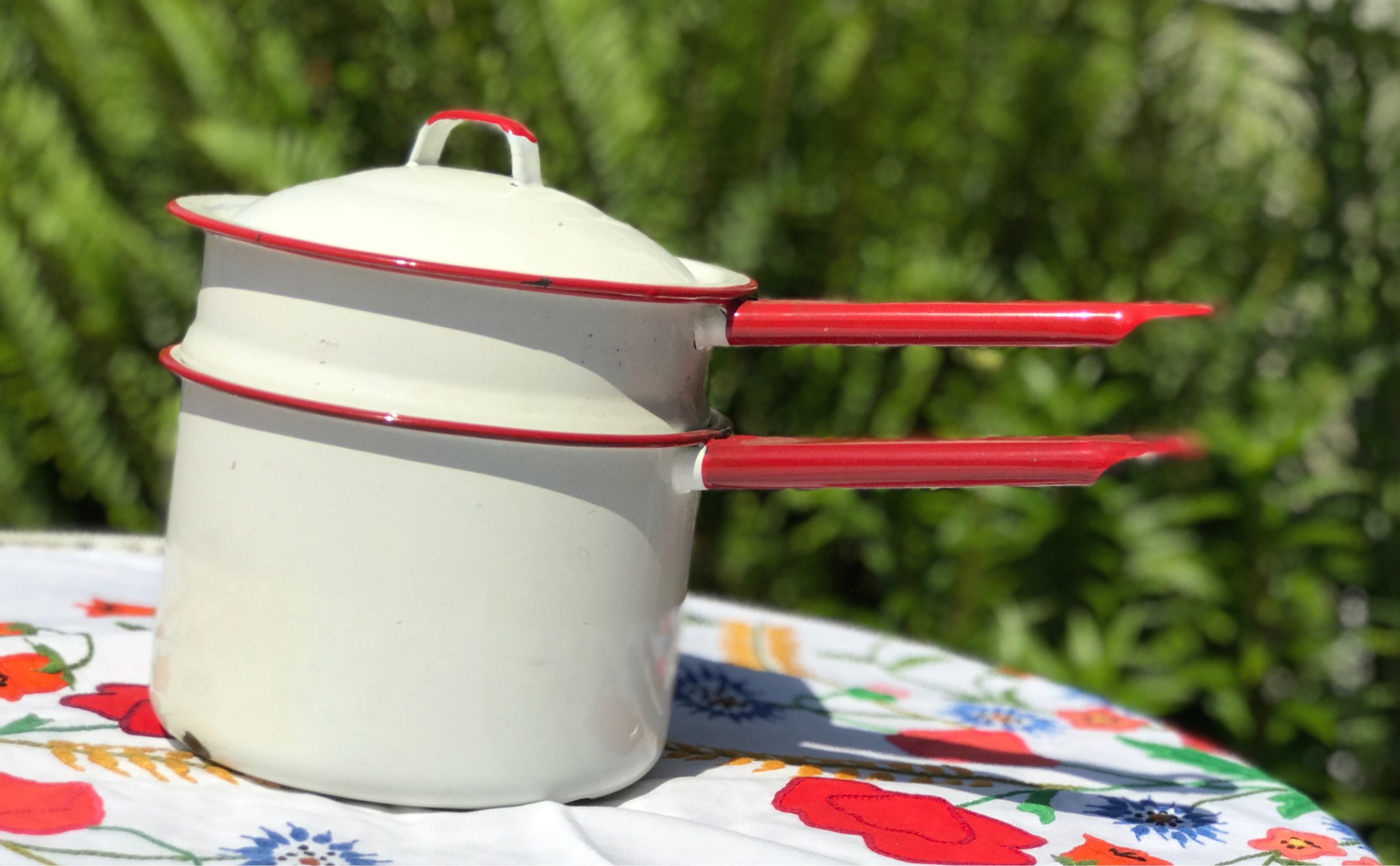 Vintage Red White Enamelware Pan, Enamel ware Double boiler, Enamel pan  set, rustic farmhouse, country kitchen, collectible enamelware, gift