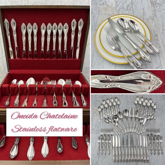 Vintage Flatware Set Oneida Chatelaine Stainless In silverware chest, Service for 8 Excellent Condition, Wedding Gift