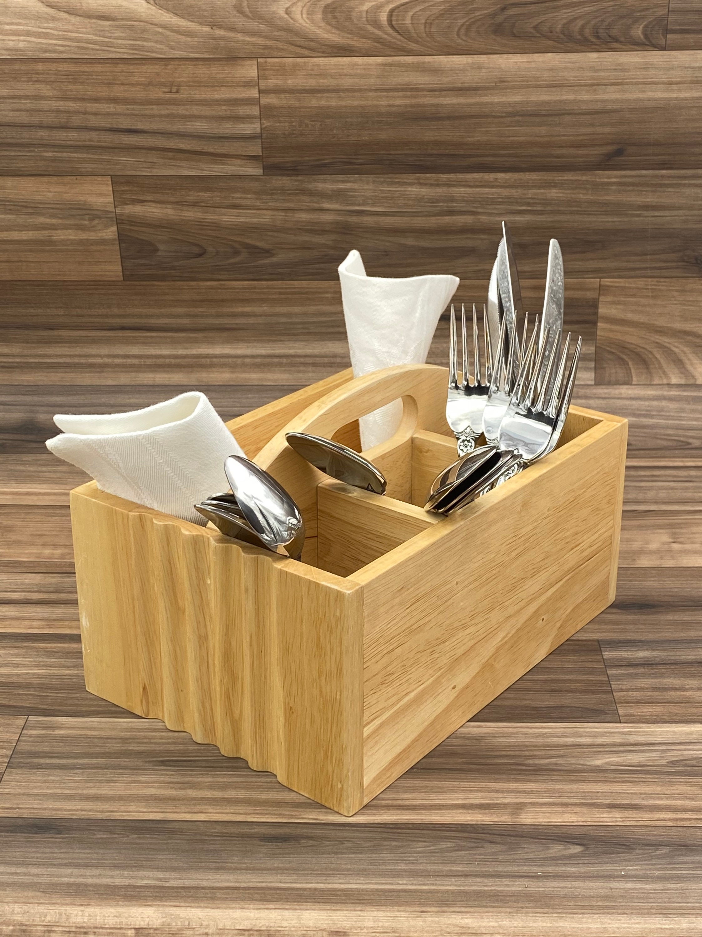 Vintage Flatware caddy, Wood silverware holder, Utensil carrying bin